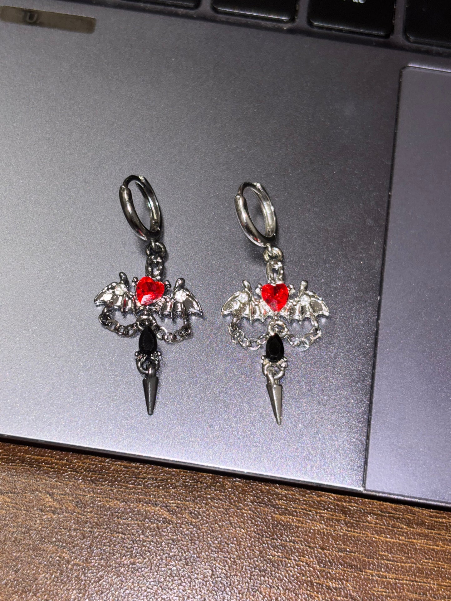 Gothic Bat Rhinestone Heart Hoop Earrings