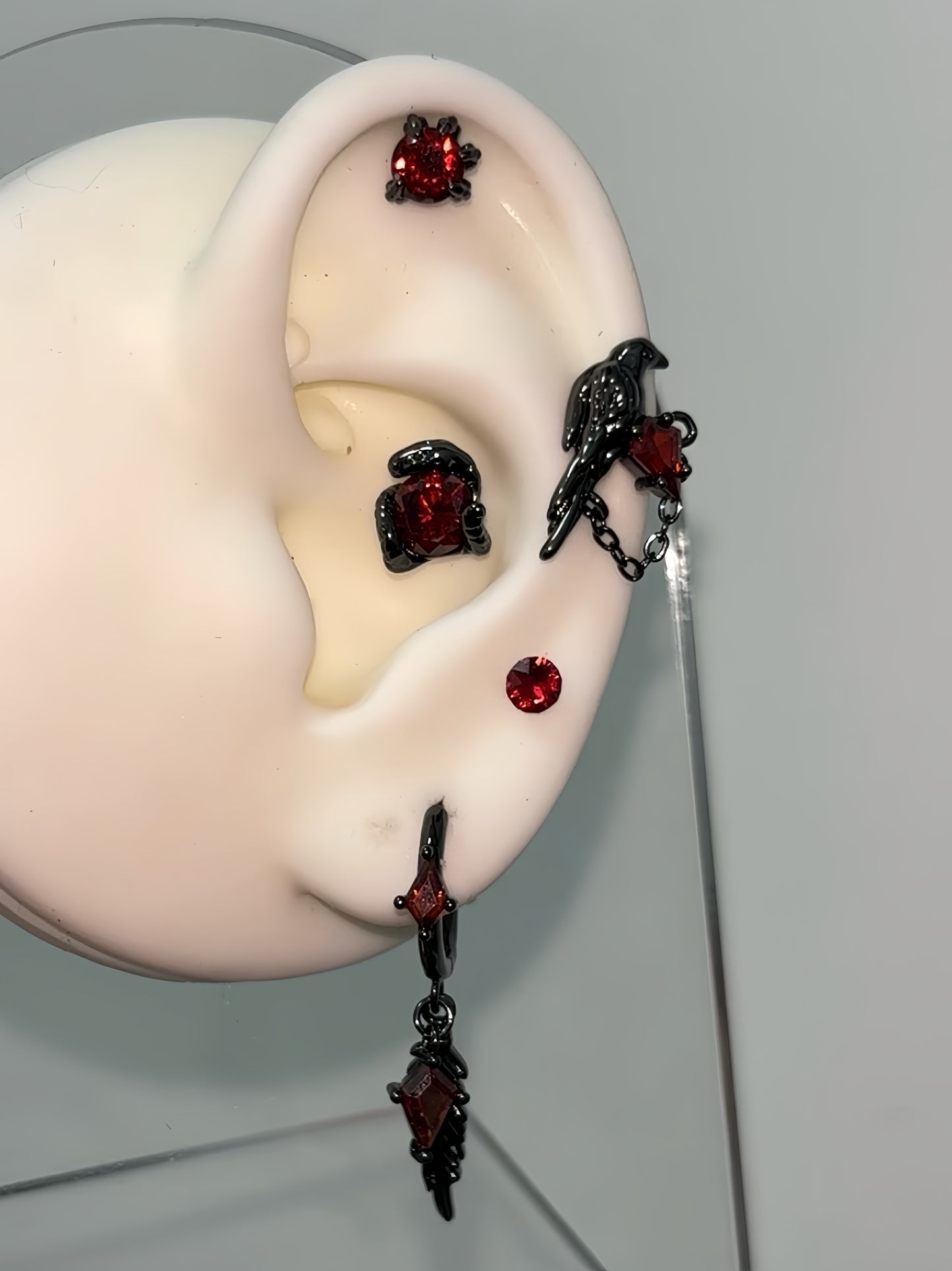 Goth Vampire Raven Red Rhinestone Ear Studs