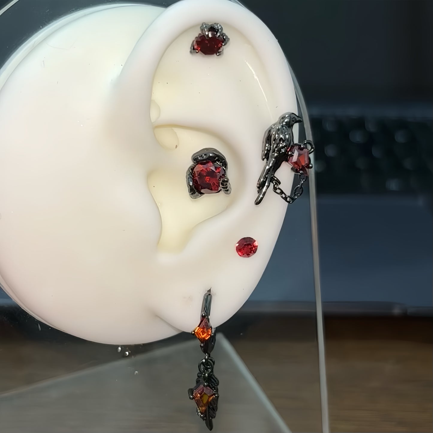 Goth Vampire Raven Red Rhinestone Ear Studs