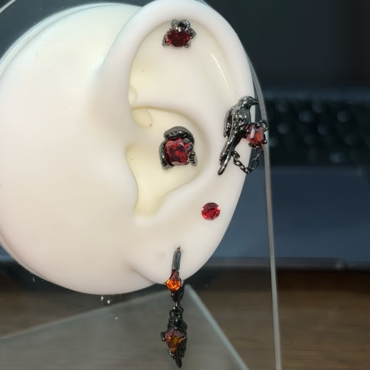 Goth Vampire Raven Red Rhinestone Ear Studs