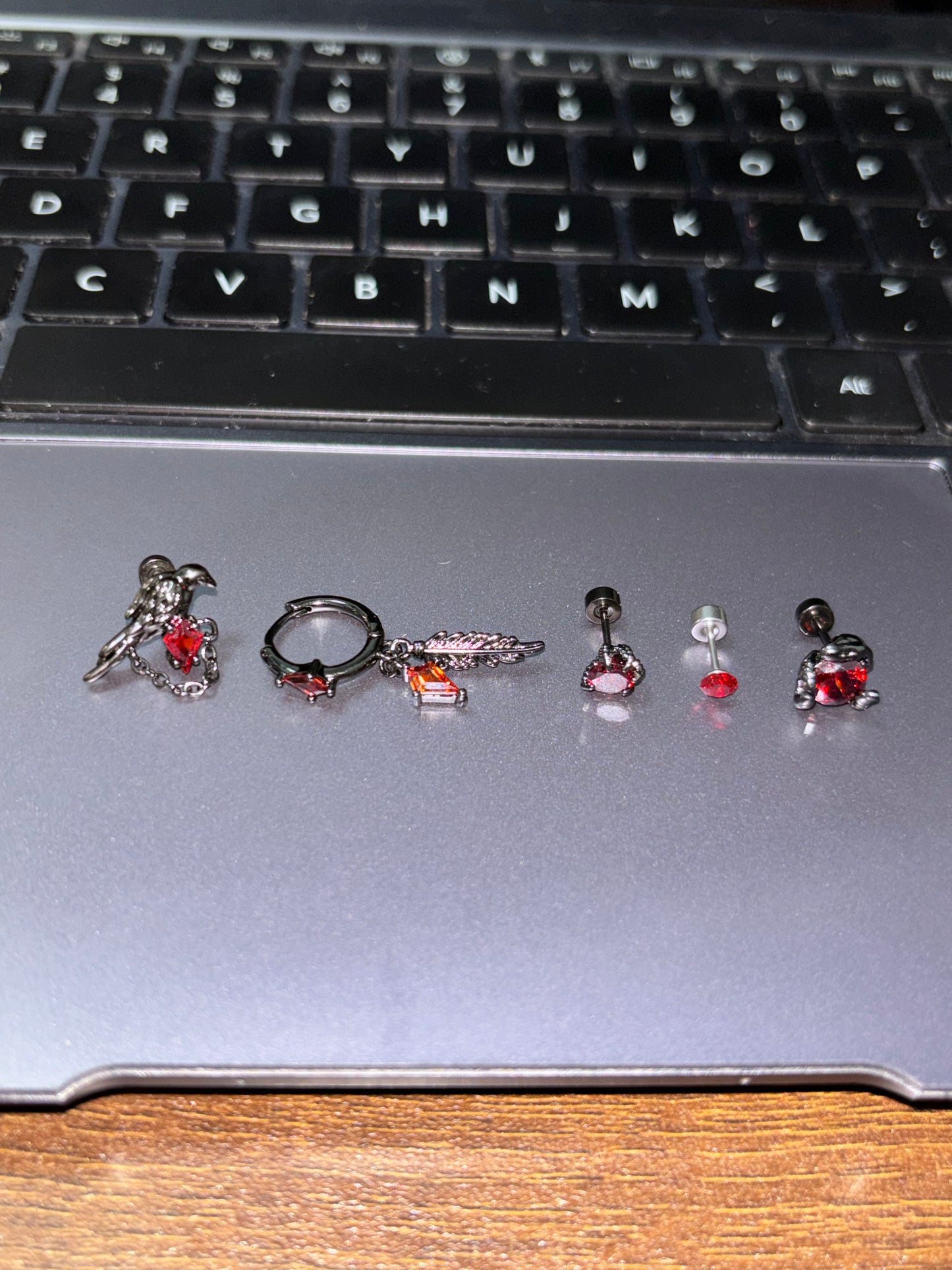 Goth Vampire Raven Red Rhinestone Ear Studs