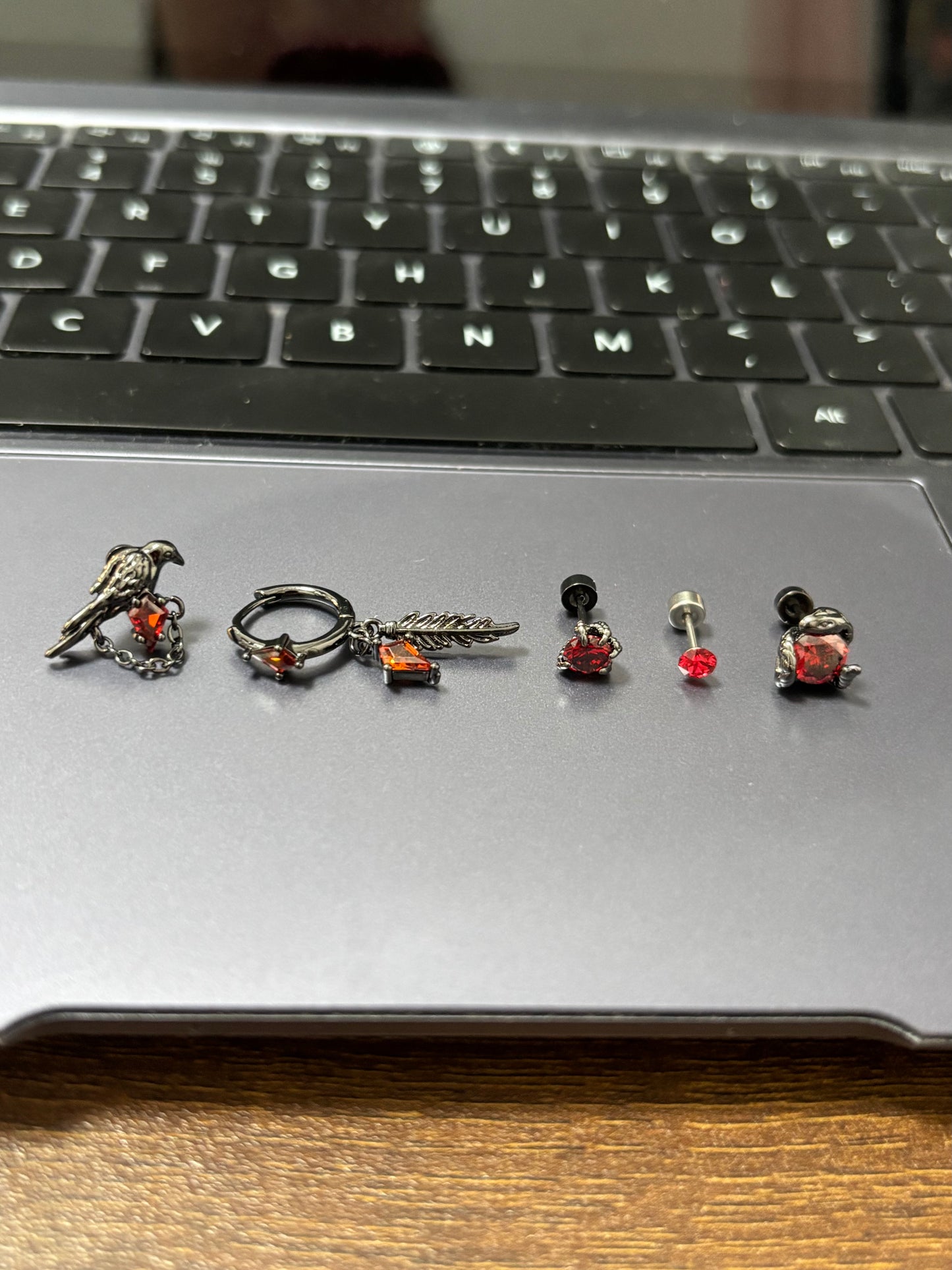 Goth Vampire Raven Red Rhinestone Ear Studs