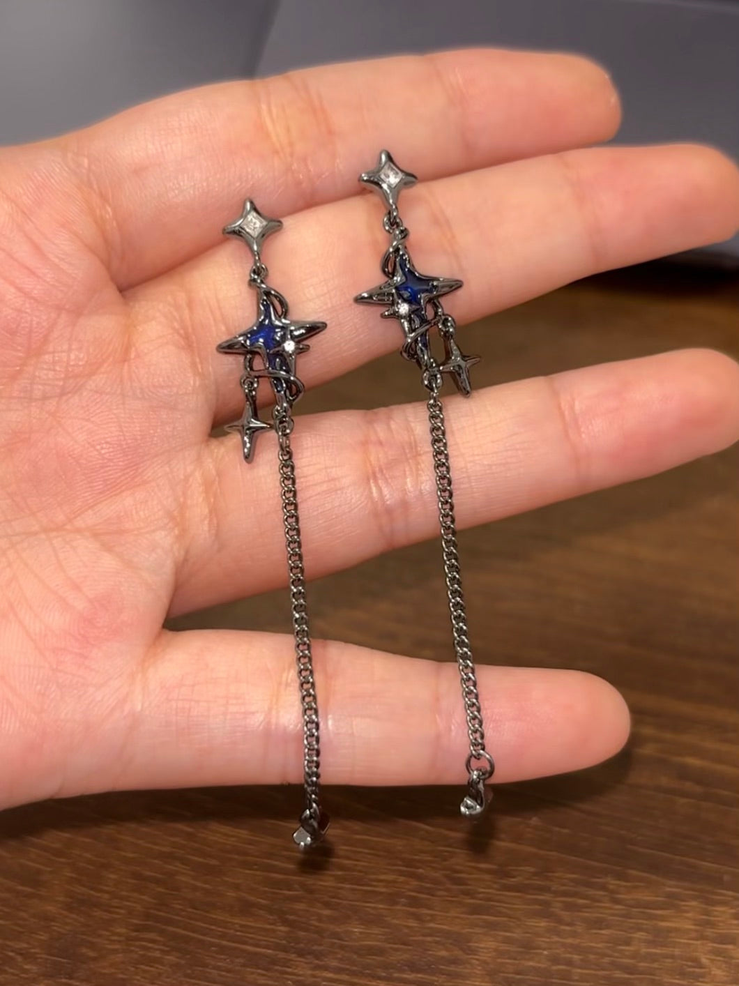 Goth Dark Blue Star Long Tassel Earrings For Dainsleif
