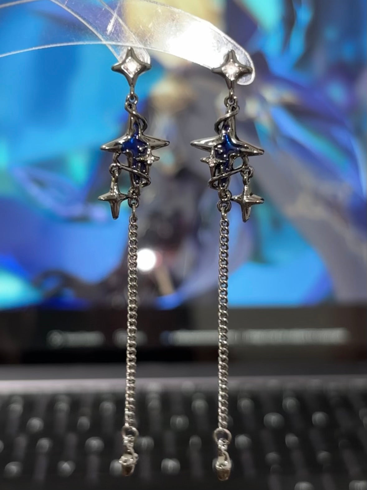 Goth Dark Blue Star Long Tassel Earrings For Dainsleif
