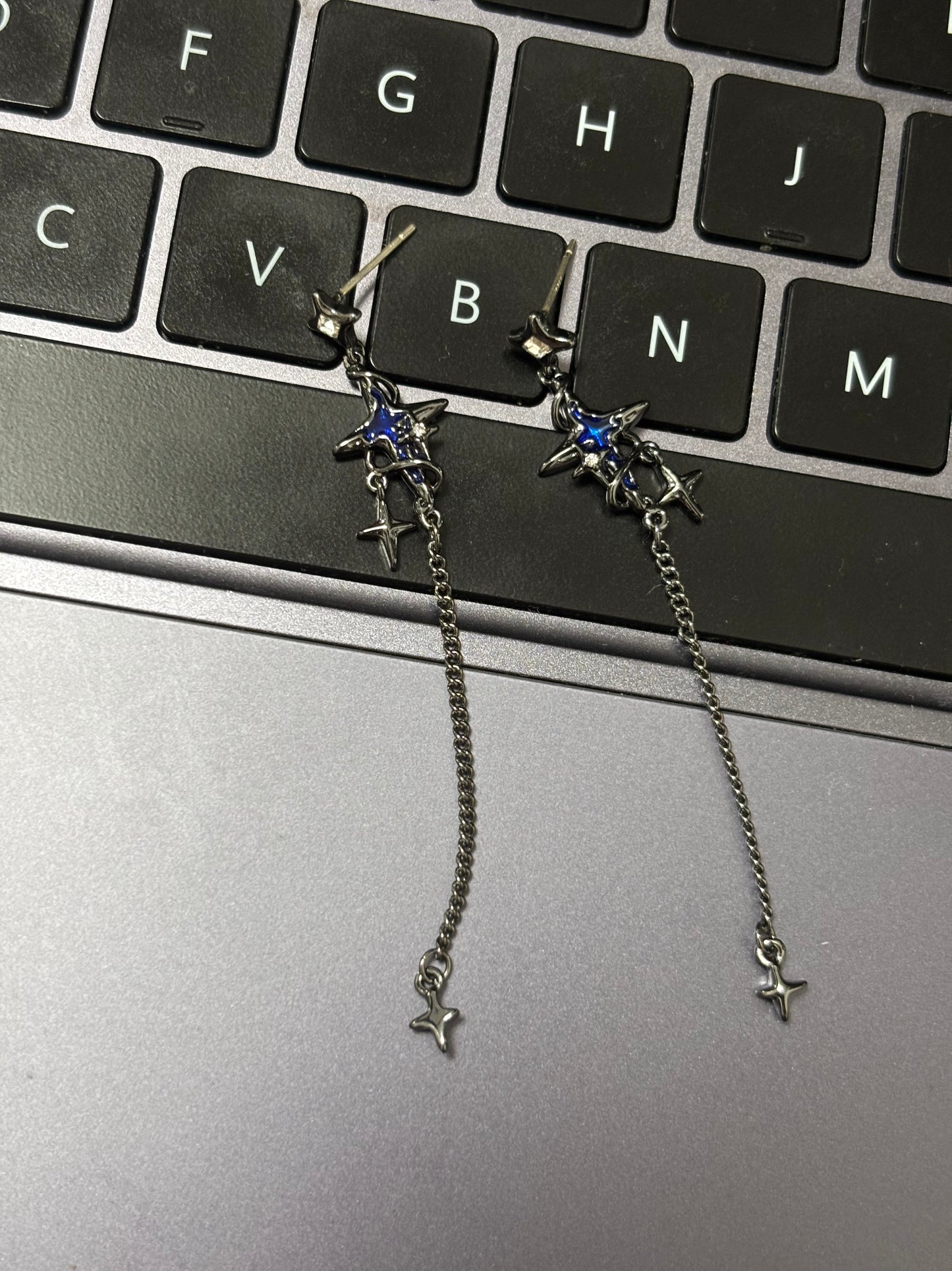 Goth Dark Blue Star Long Tassel Earrings For Dainsleif