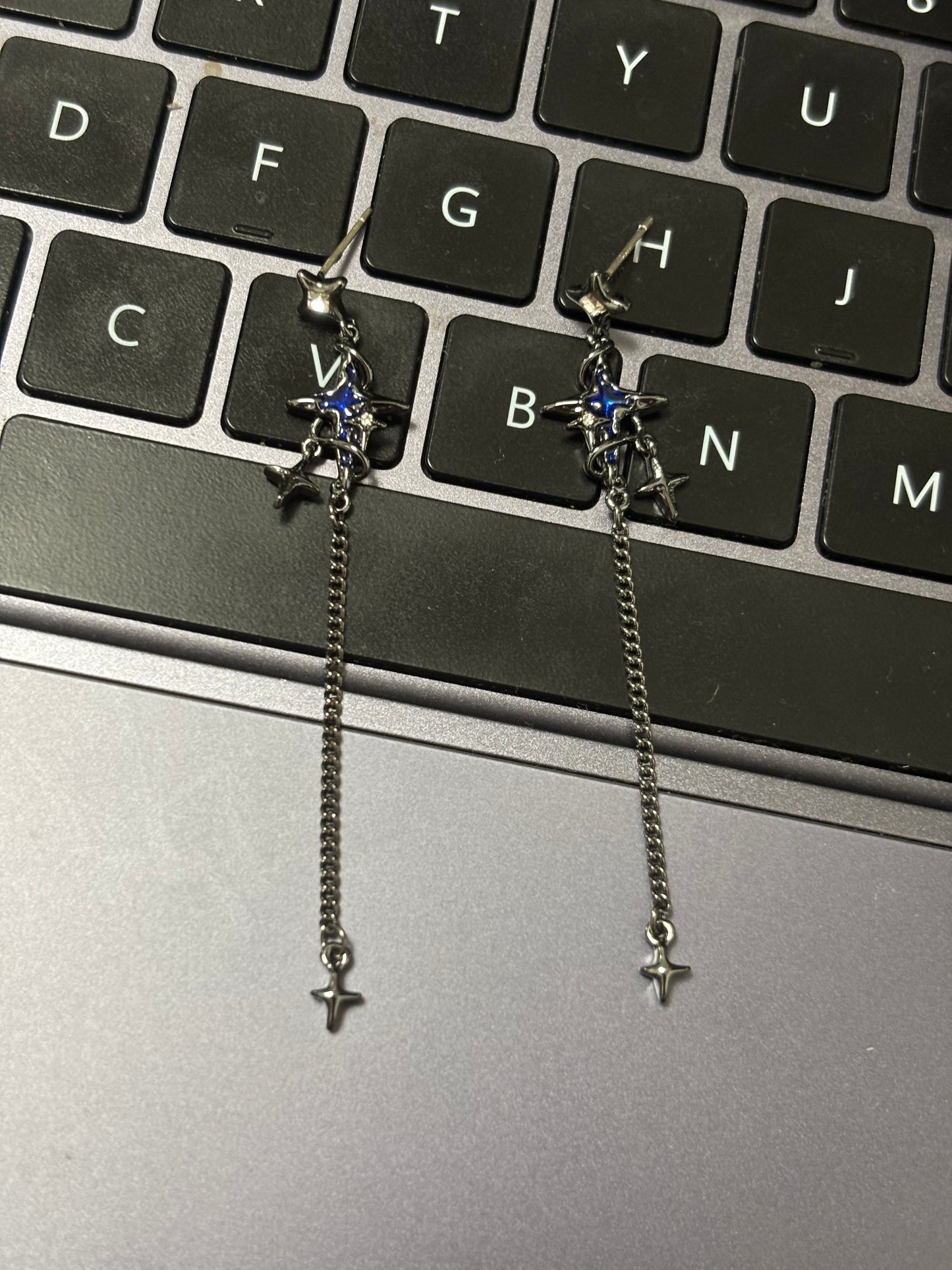 Goth Dark Blue Star Long Tassel Earrings For Dainsleif