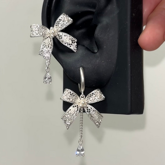 Sweet Alloy Lace Bow Pearl Earrings