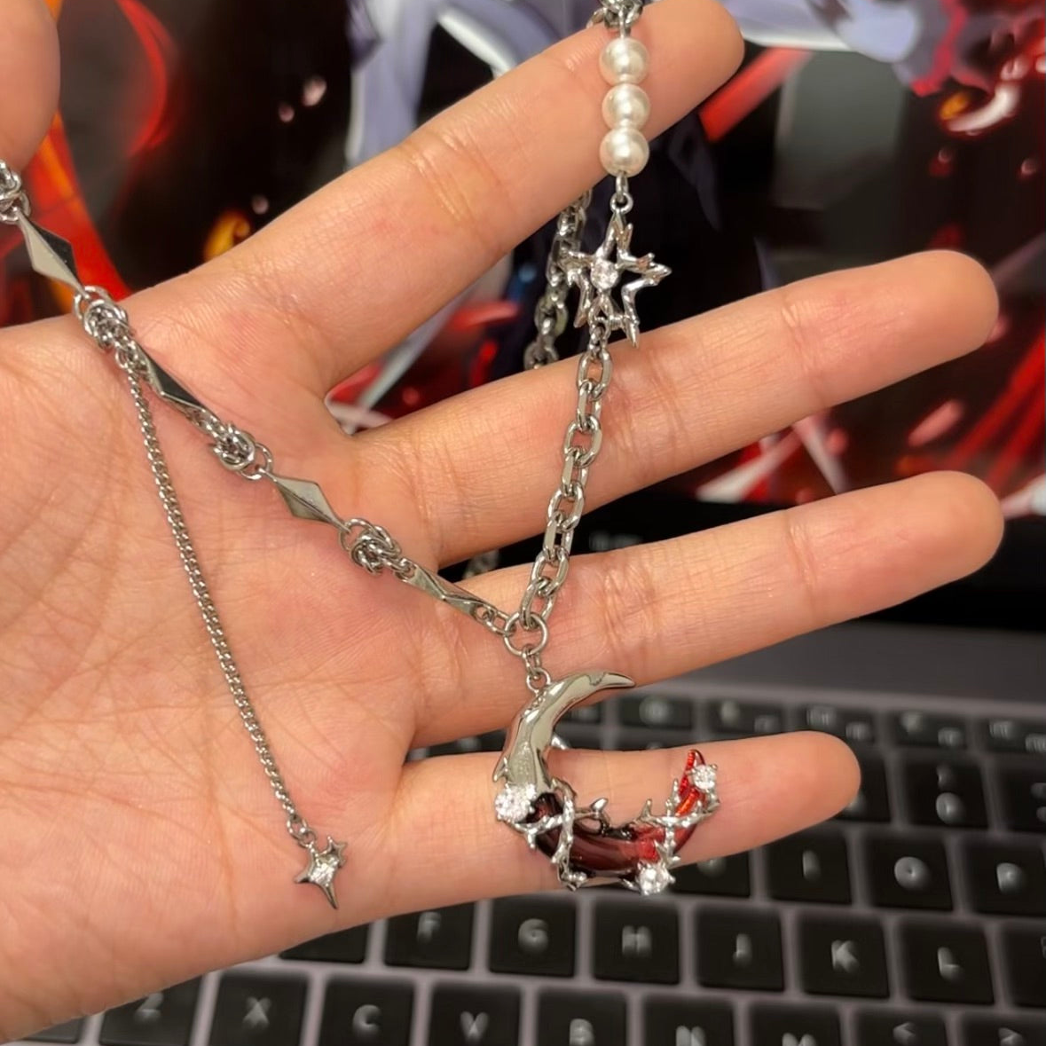 Gothic Red Moon Shining Star Asymmetrical Earrings For Arlecchino Genshin