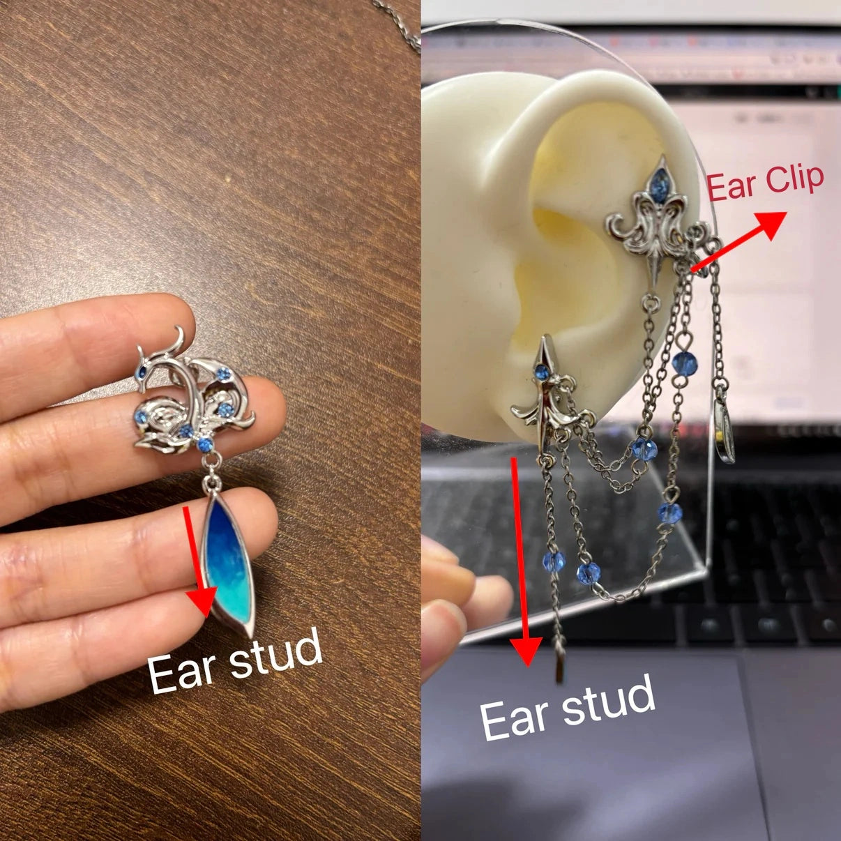 Neuvillette Genshin Impact Designer Blaue asymmetrische Ohrringe