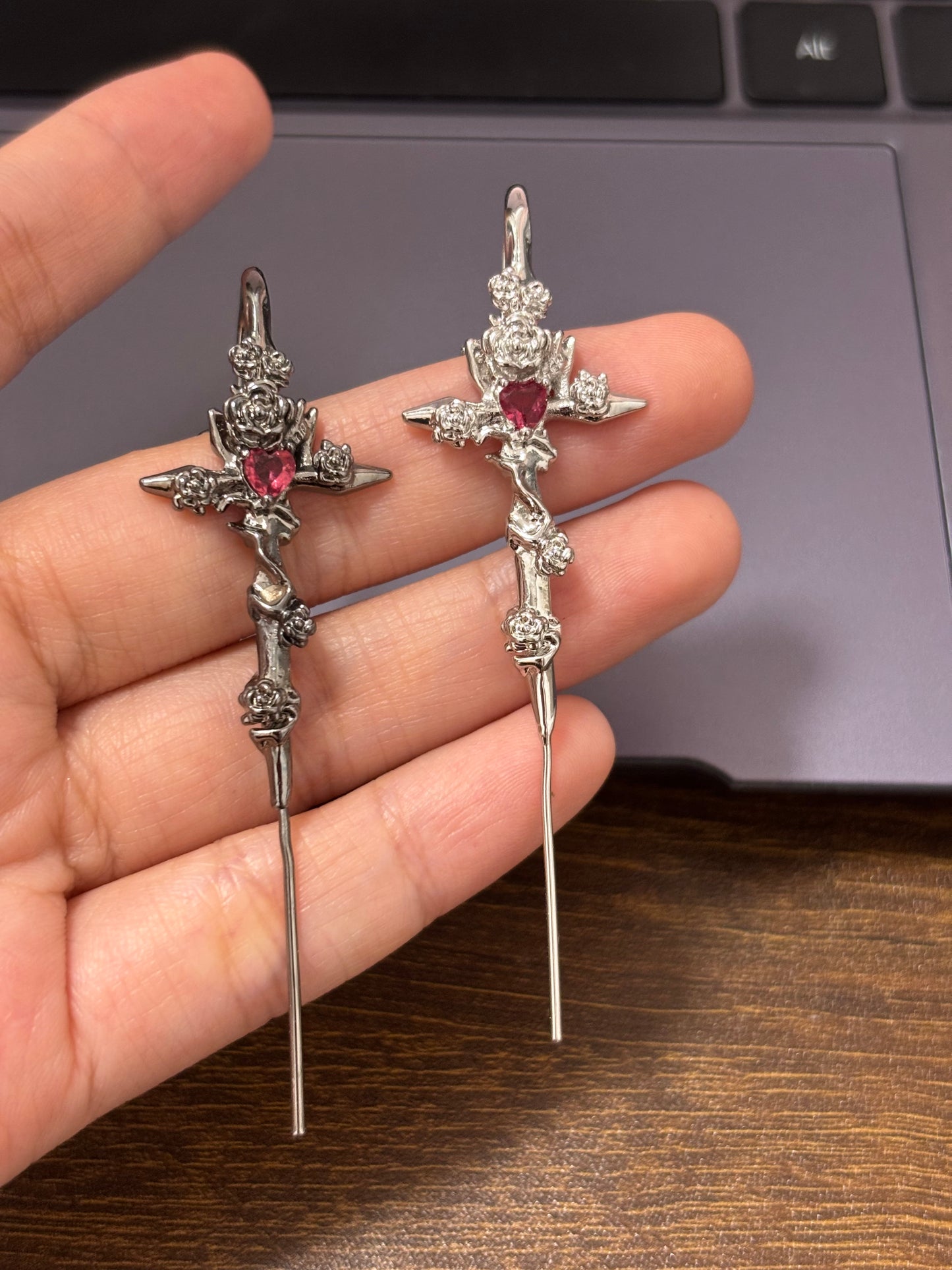 Unisex Goth Thorn Rose Cross Earrings