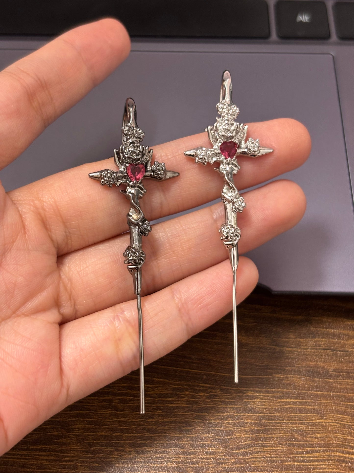 Unisex Goth Thorn Rose Cross Earrings