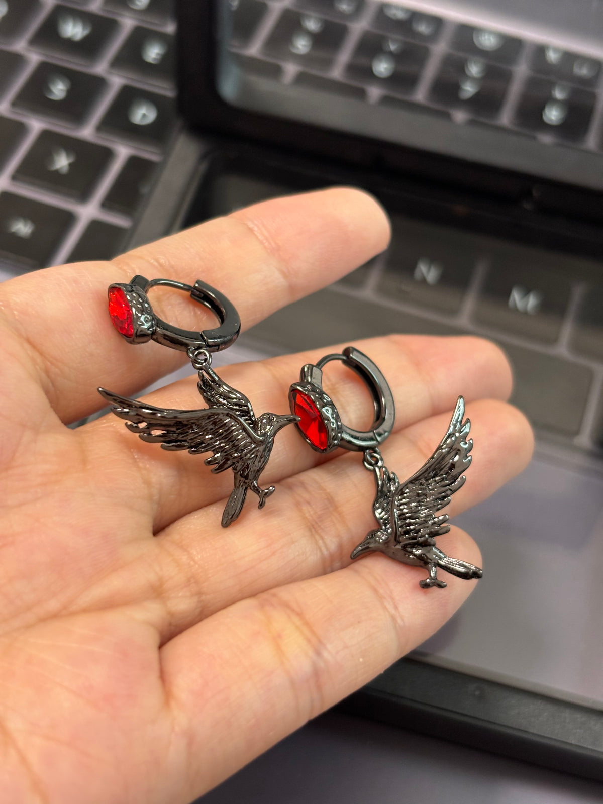 Goth Black Raven Hoop Earrings
