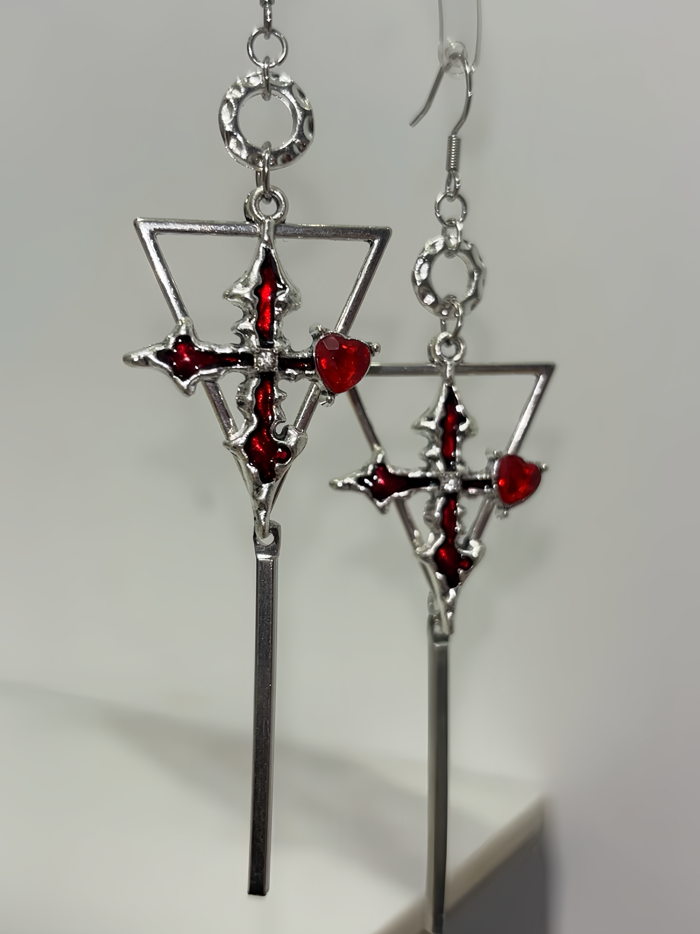 Gothic Red Cross Earrings - Inverted Triangle Dagger Drops