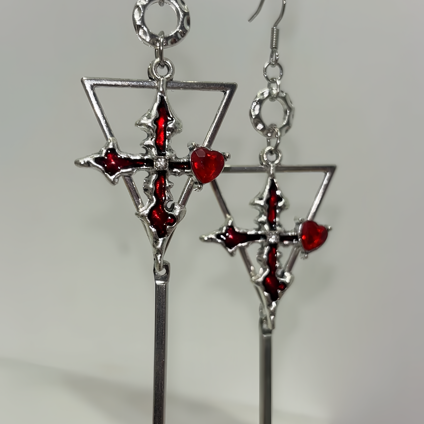 Gothic Red Cross Earrings - Inverted Triangle Dagger Drops