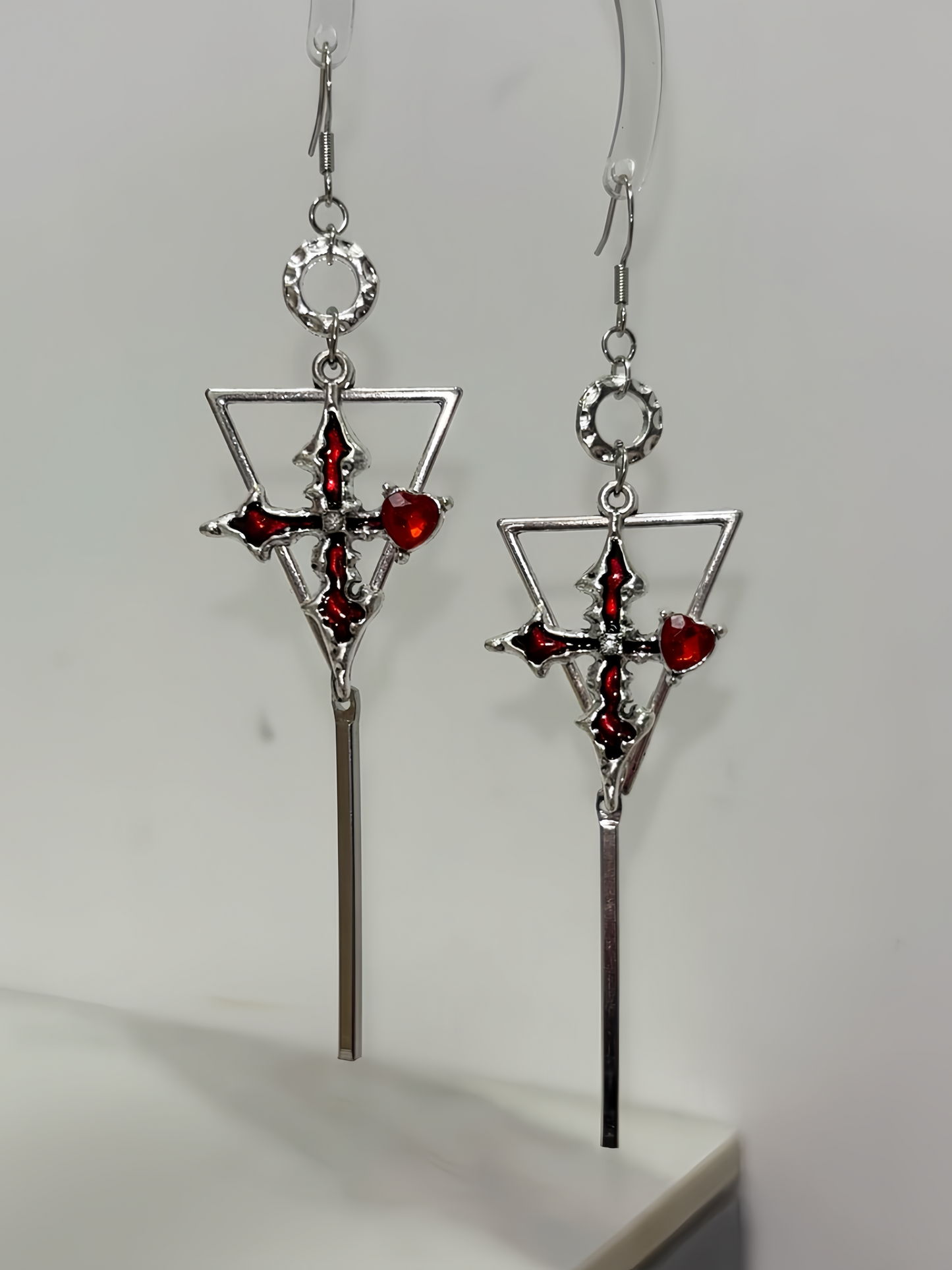 Gothic Red Cross Earrings - Inverted Triangle Dagger Drops