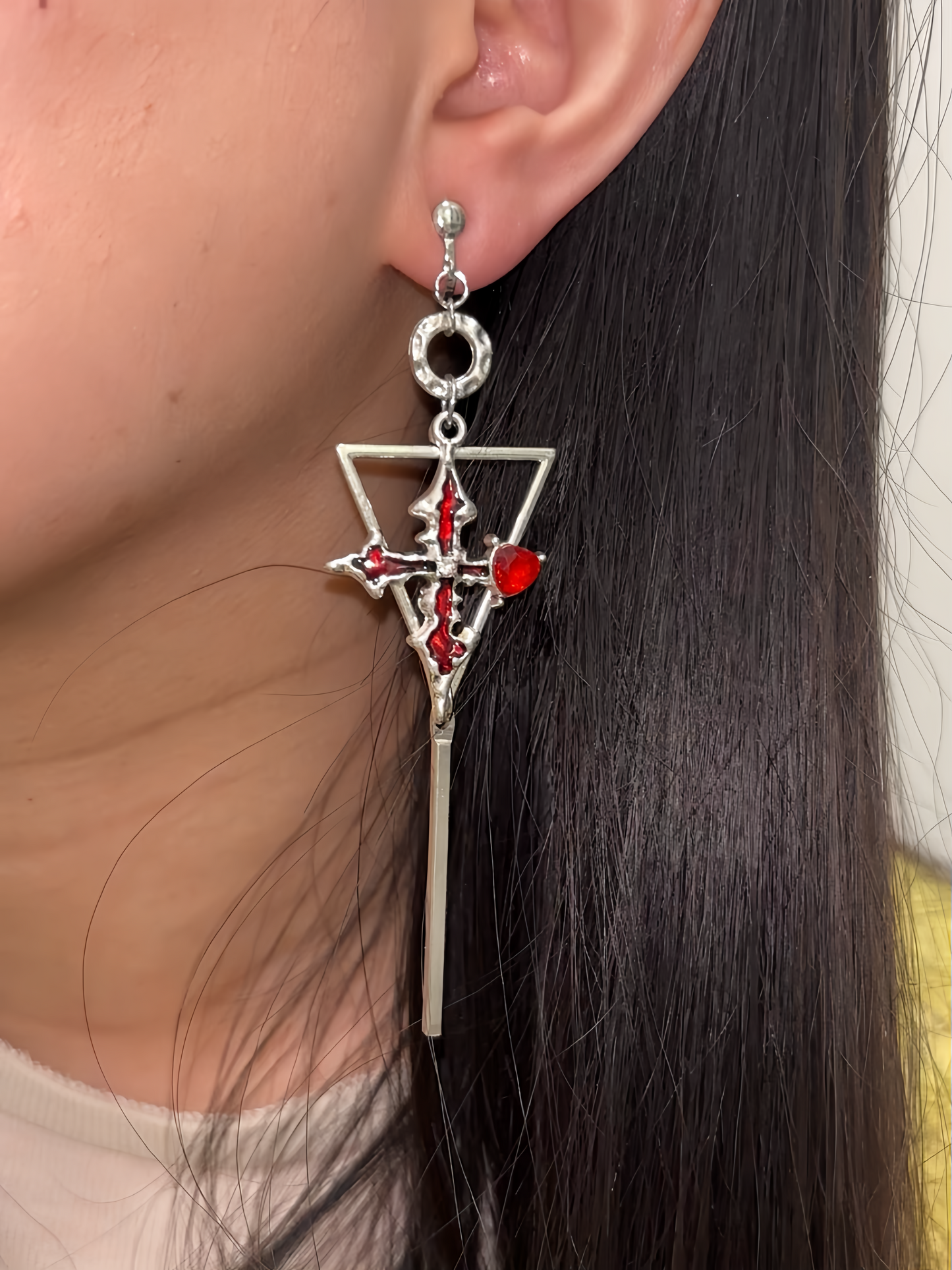 Gothic Red Cross Earrings - Inverted Triangle Dagger Drops