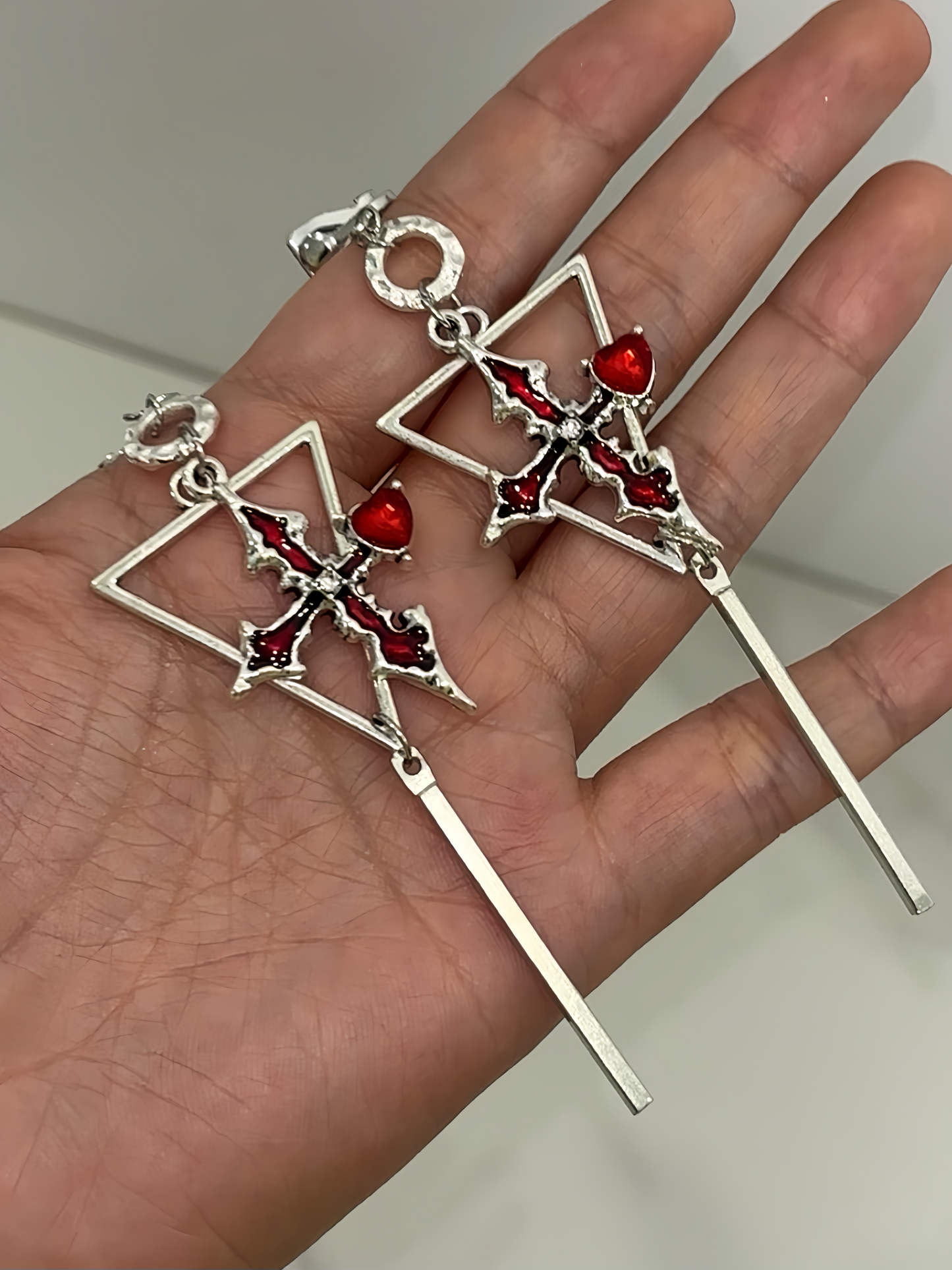 Gothic Red Cross Earrings - Inverted Triangle Dagger Drops