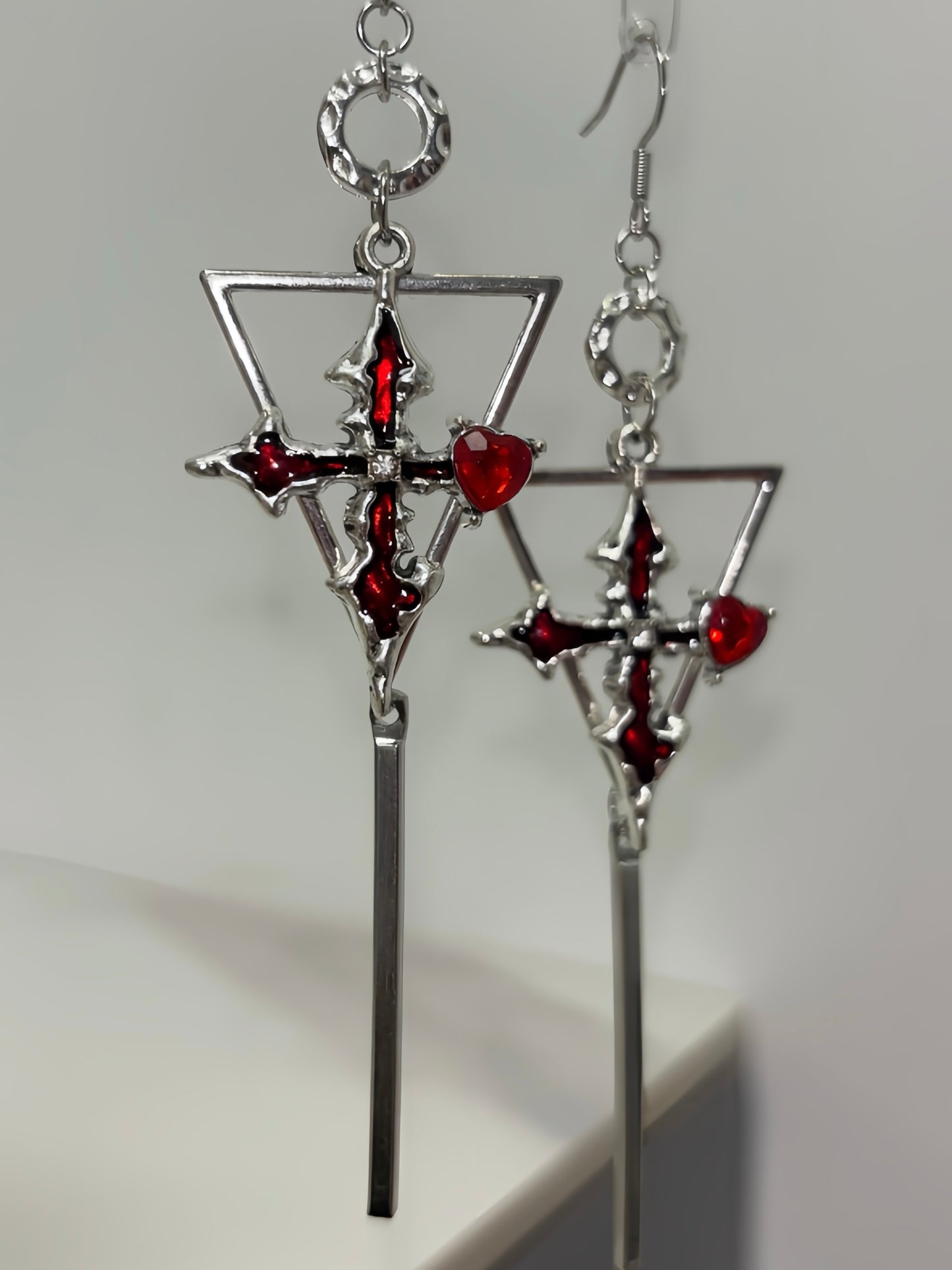 Gothic Red Cross Earrings - Inverted Triangle Dagger Drops