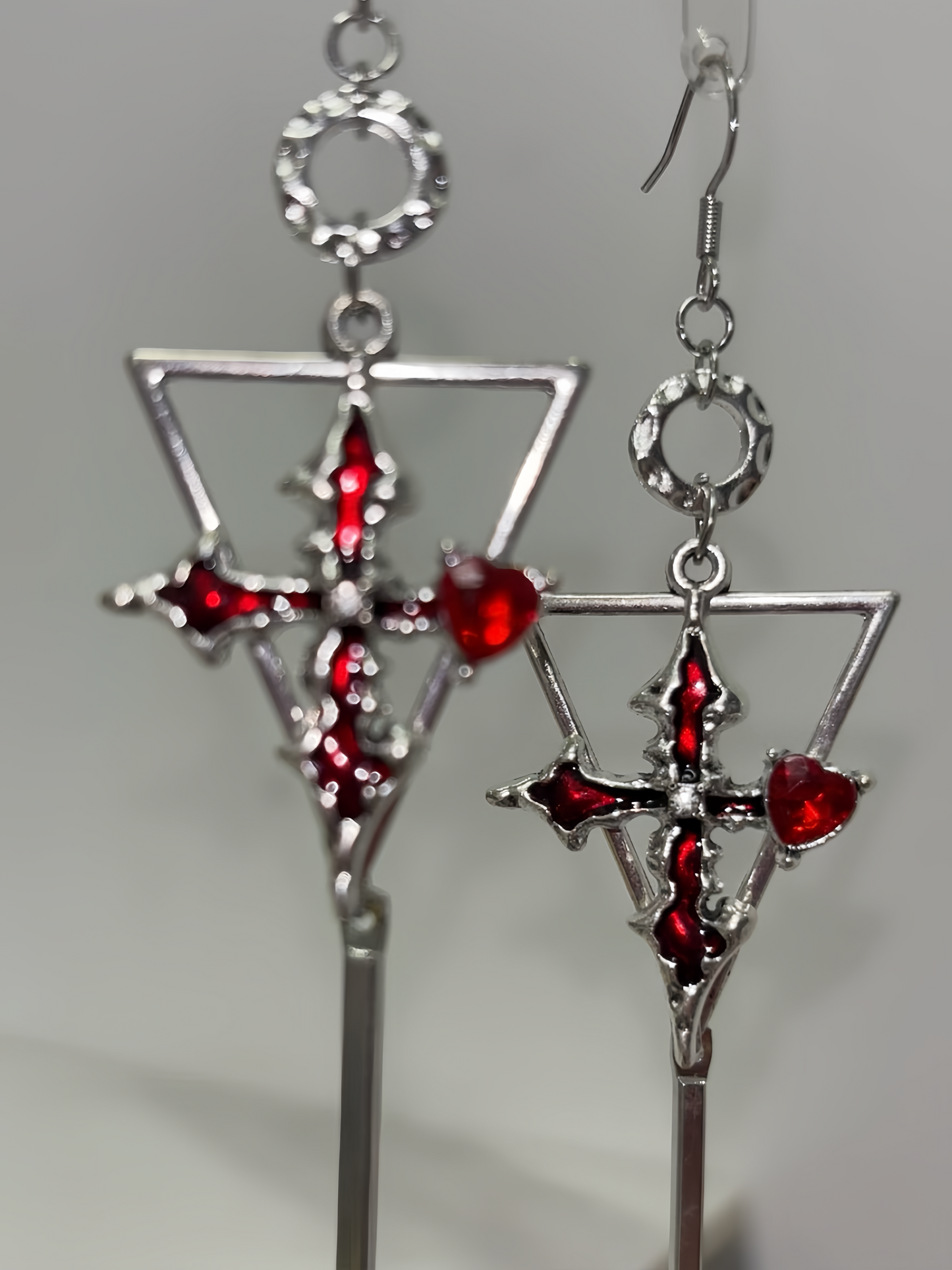 Gothic Red Cross Earrings - Inverted Triangle Dagger Drops
