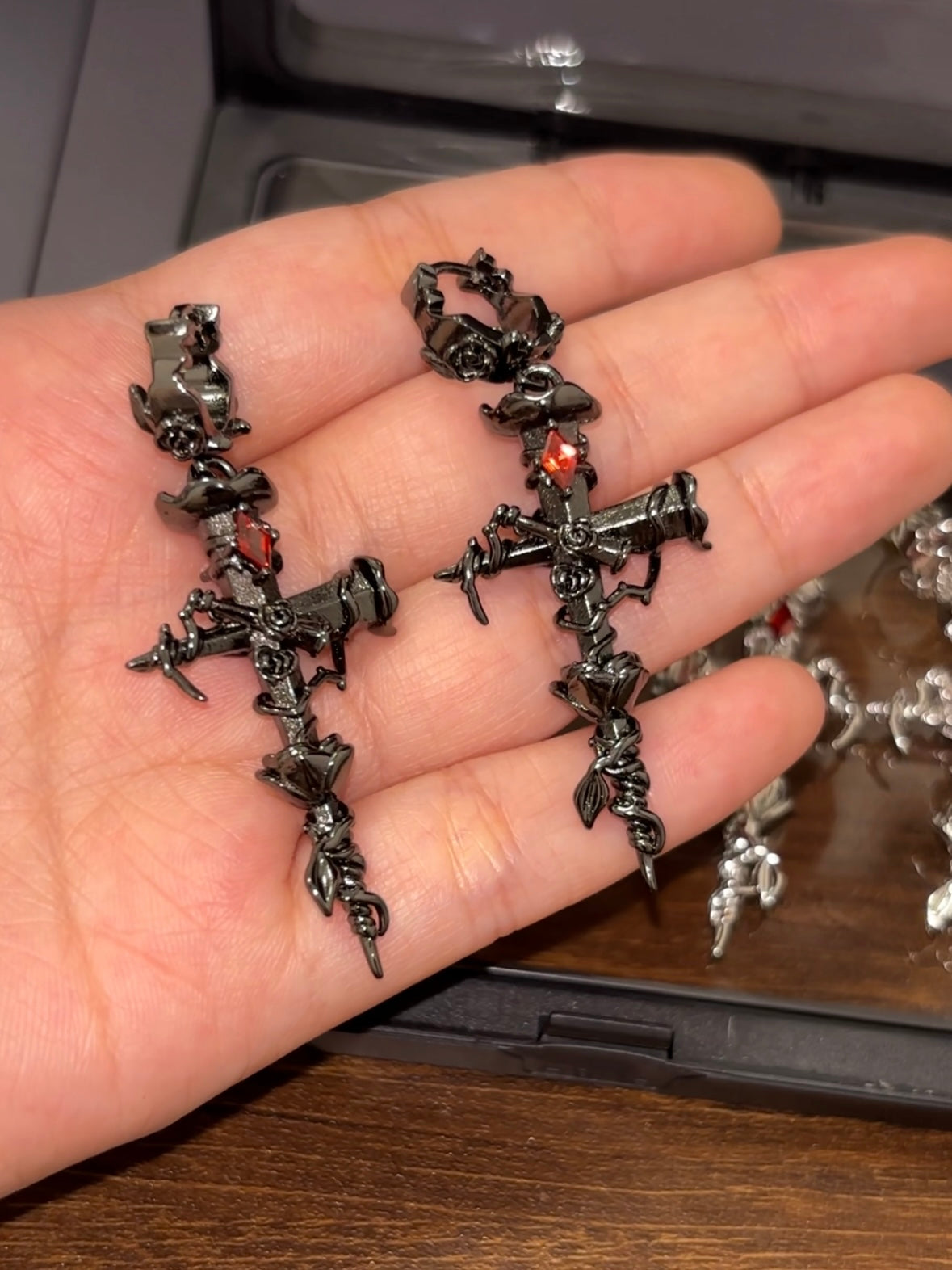 Goth Unisex Thorn Rose Cross Hoop Earrings