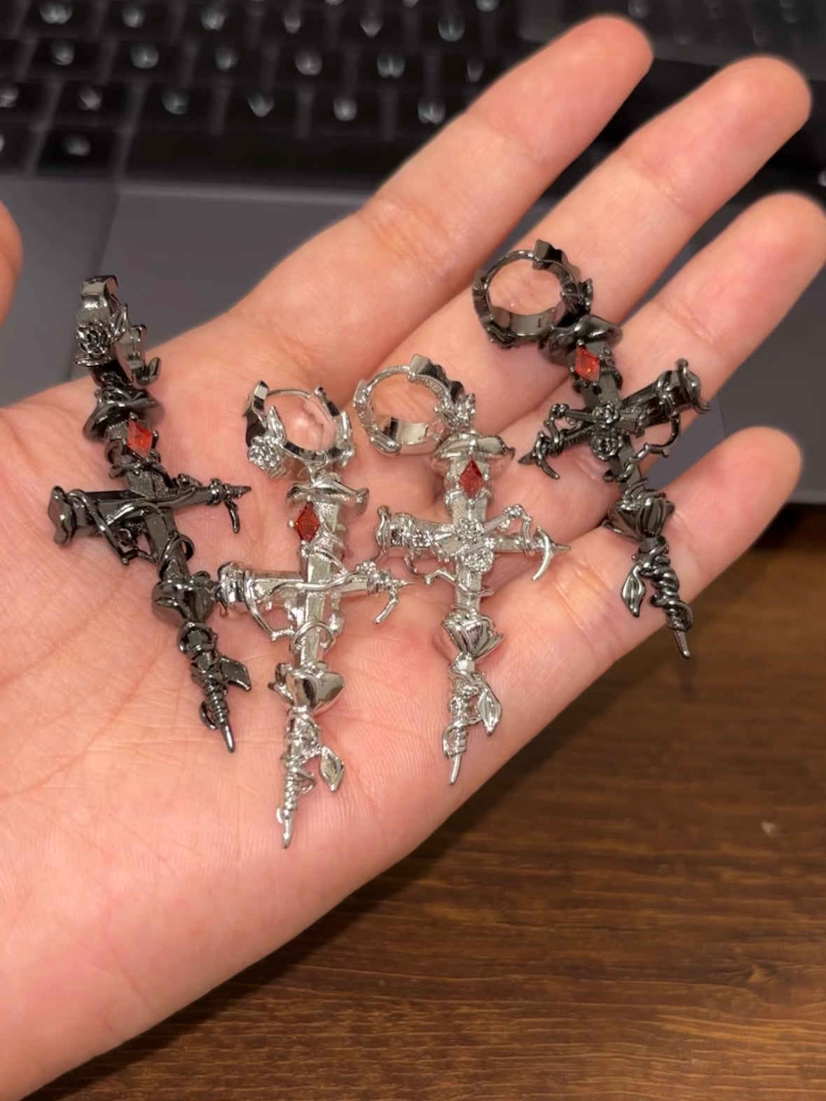 Goth Unisex Thorn Rose Cross Hoop Earrings