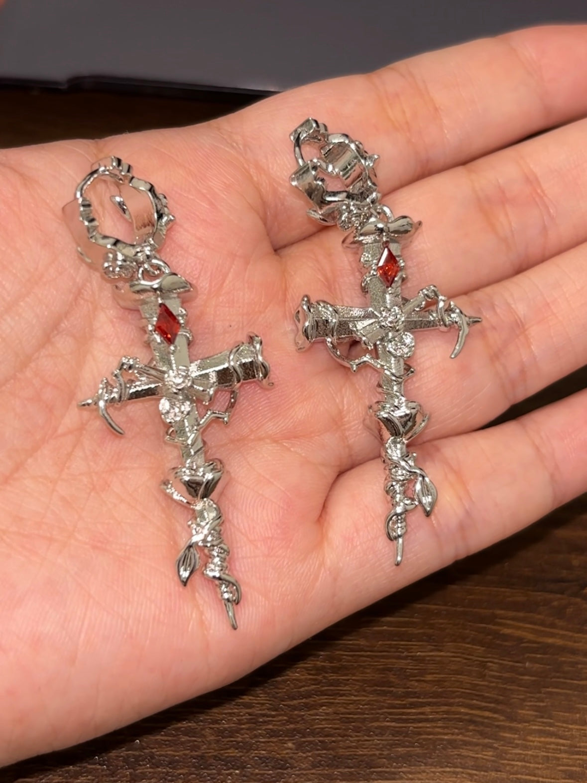 Goth Unisex Thorn Rose Cross Hoop Earrings