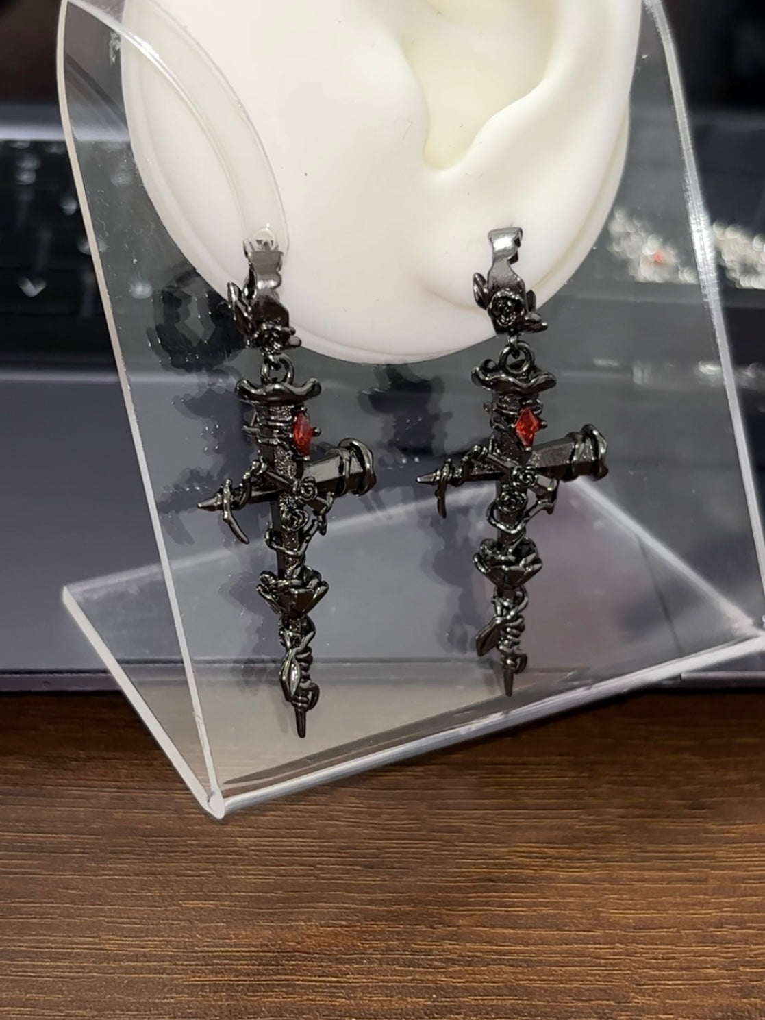 Goth Unisex Thorn Rose Cross Hoop Earrings