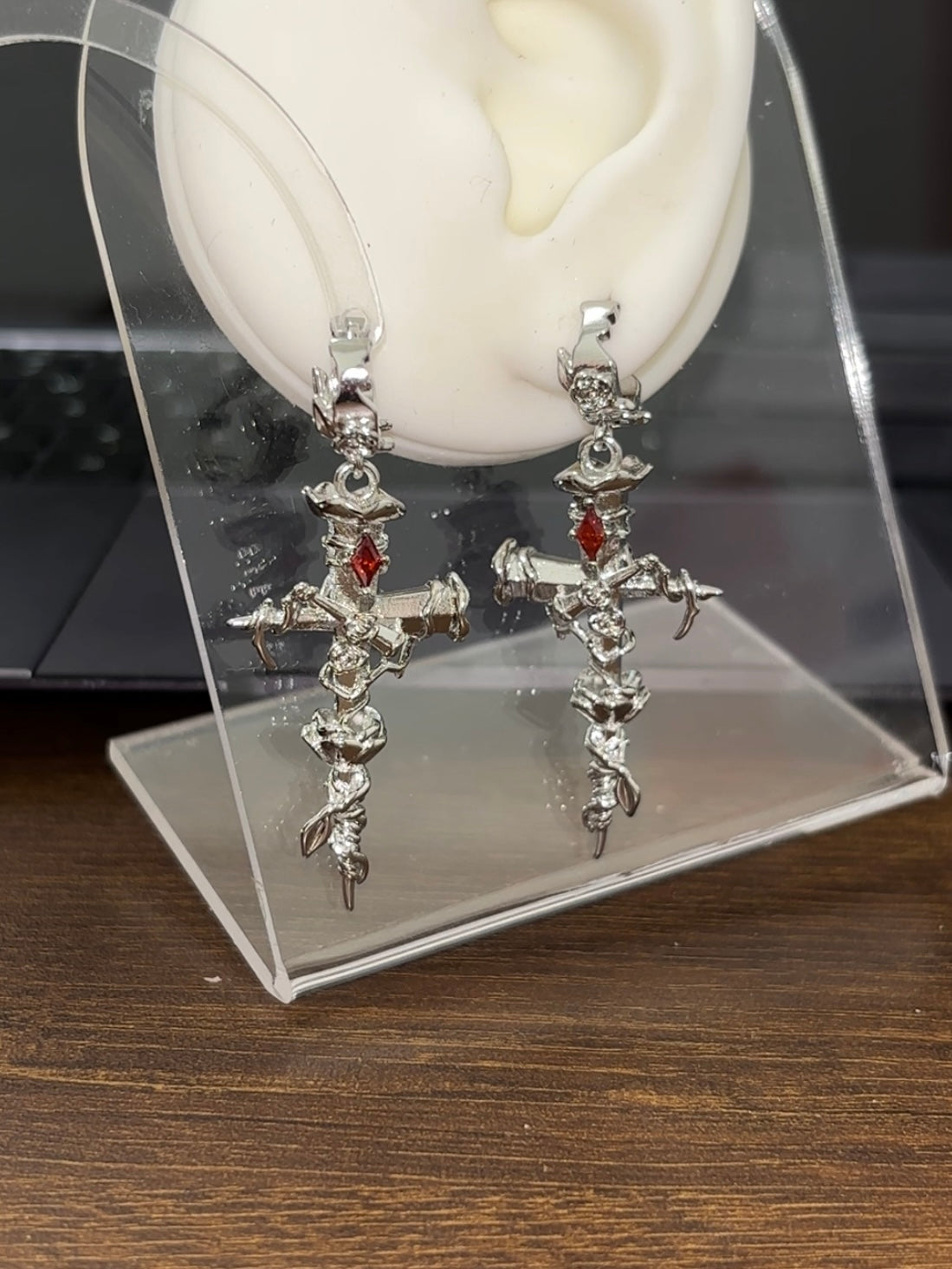 Goth Unisex Thorn Rose Cross Hoop Earrings