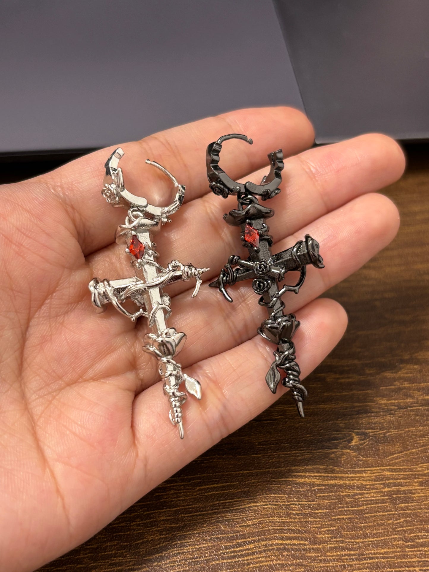 Goth Unisex Thorn Rose Cross Hoop Earrings