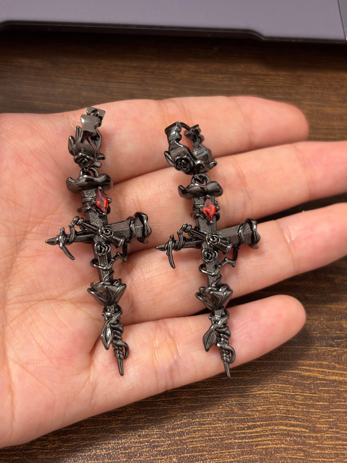 Goth Unisex Thorn Rose Cross Hoop Earrings