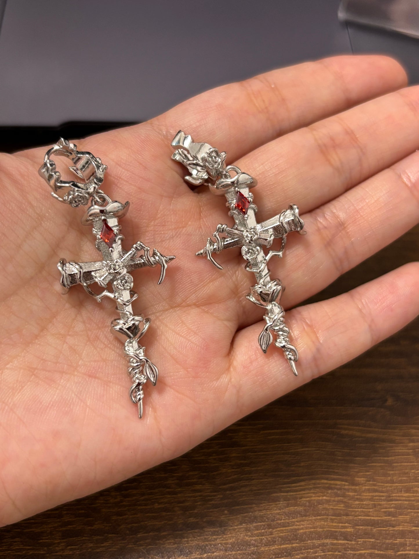 Goth Unisex Thorn Rose Cross Hoop Earrings