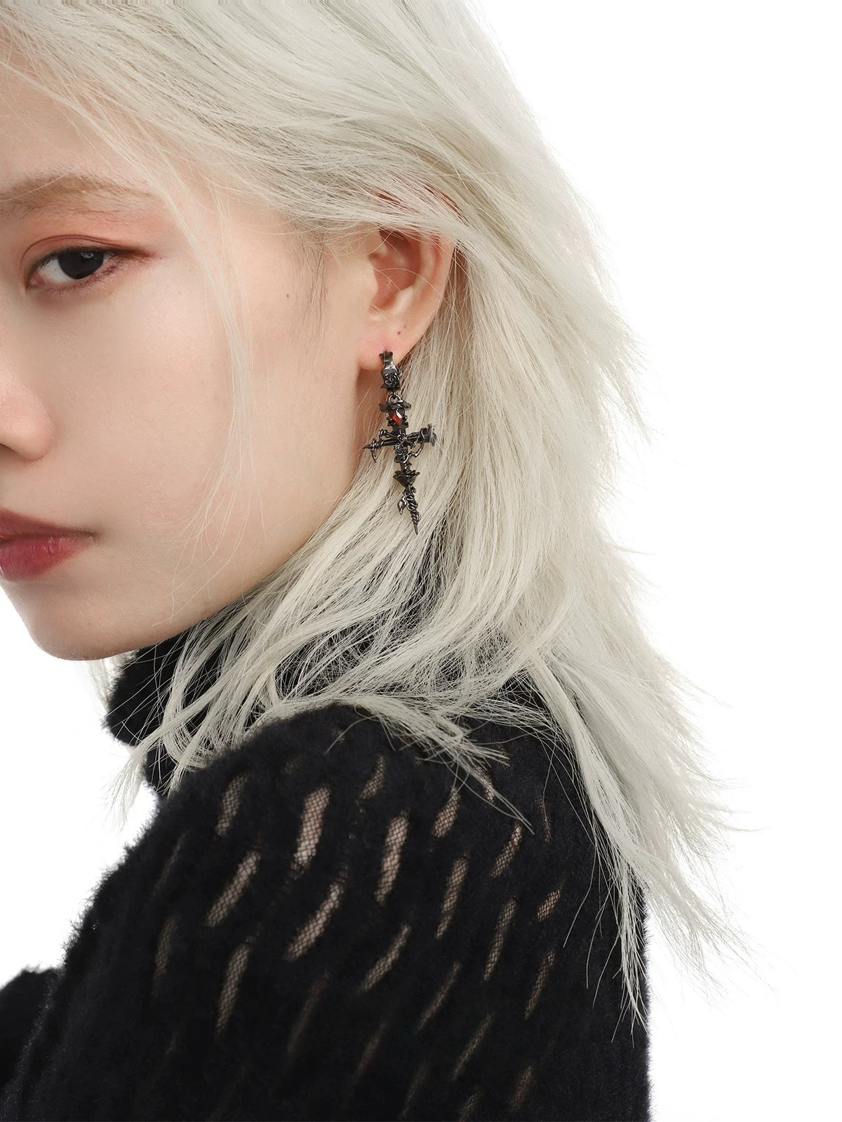 Goth Unisex Thorn Rose Cross Hoop Earrings