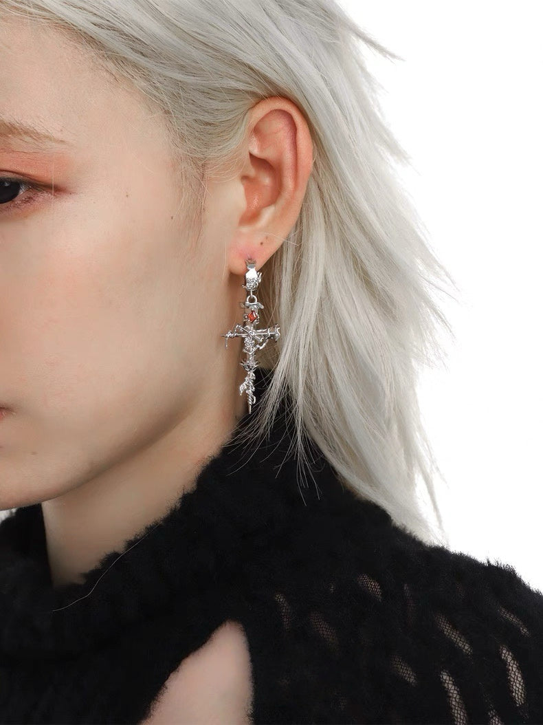 Goth Unisex Thorn Rose Cross Hoop Earrings
