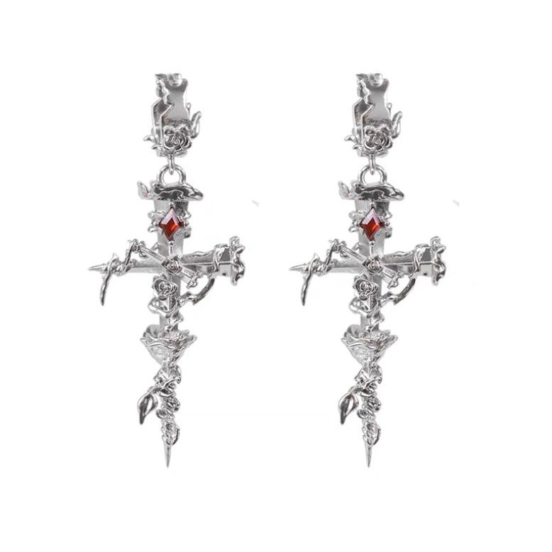 Goth Unisex Thorn Rose Cross Hoop Earrings