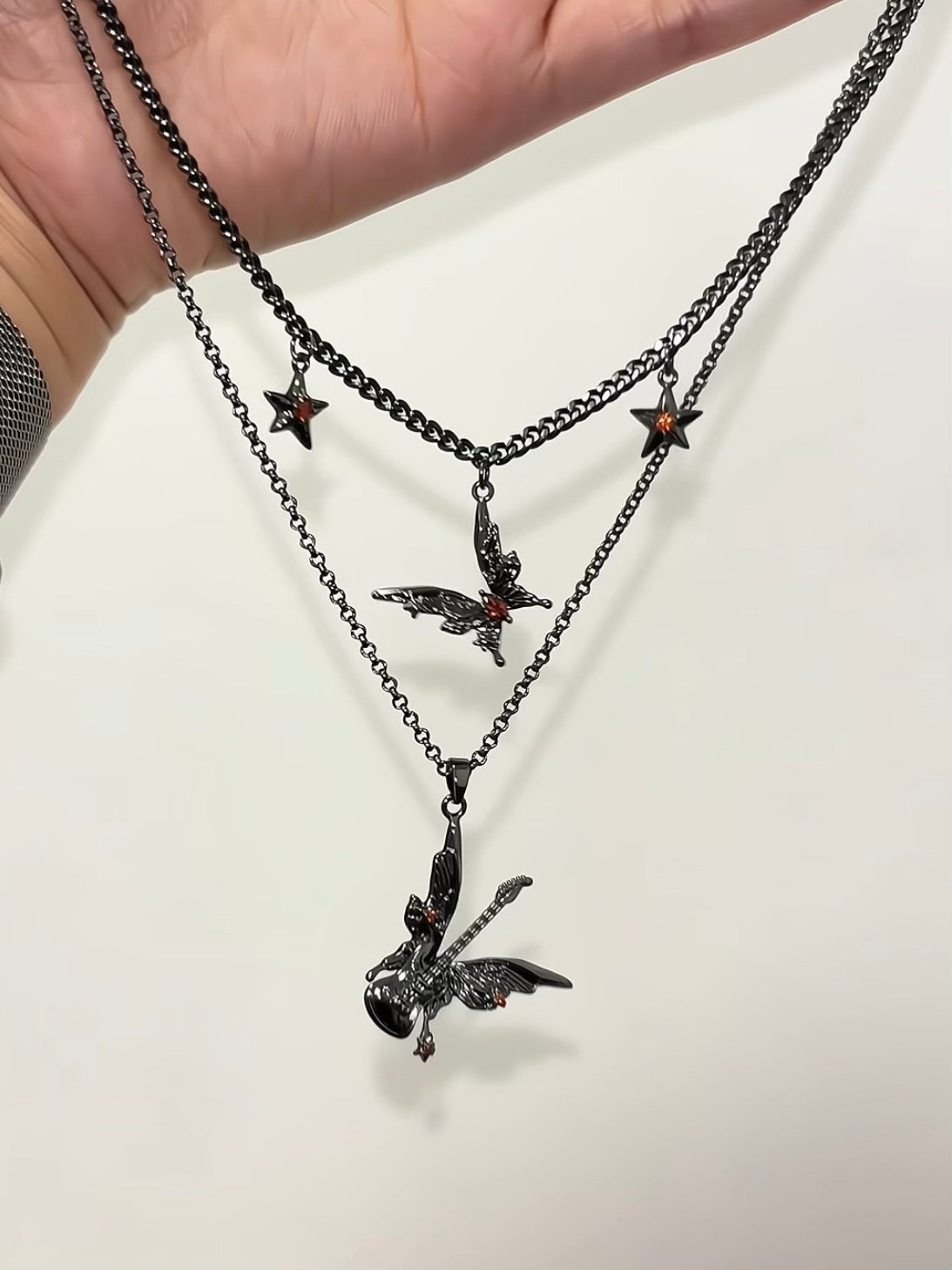 Goth Black Butterfly Guitar Double Layers Necklace