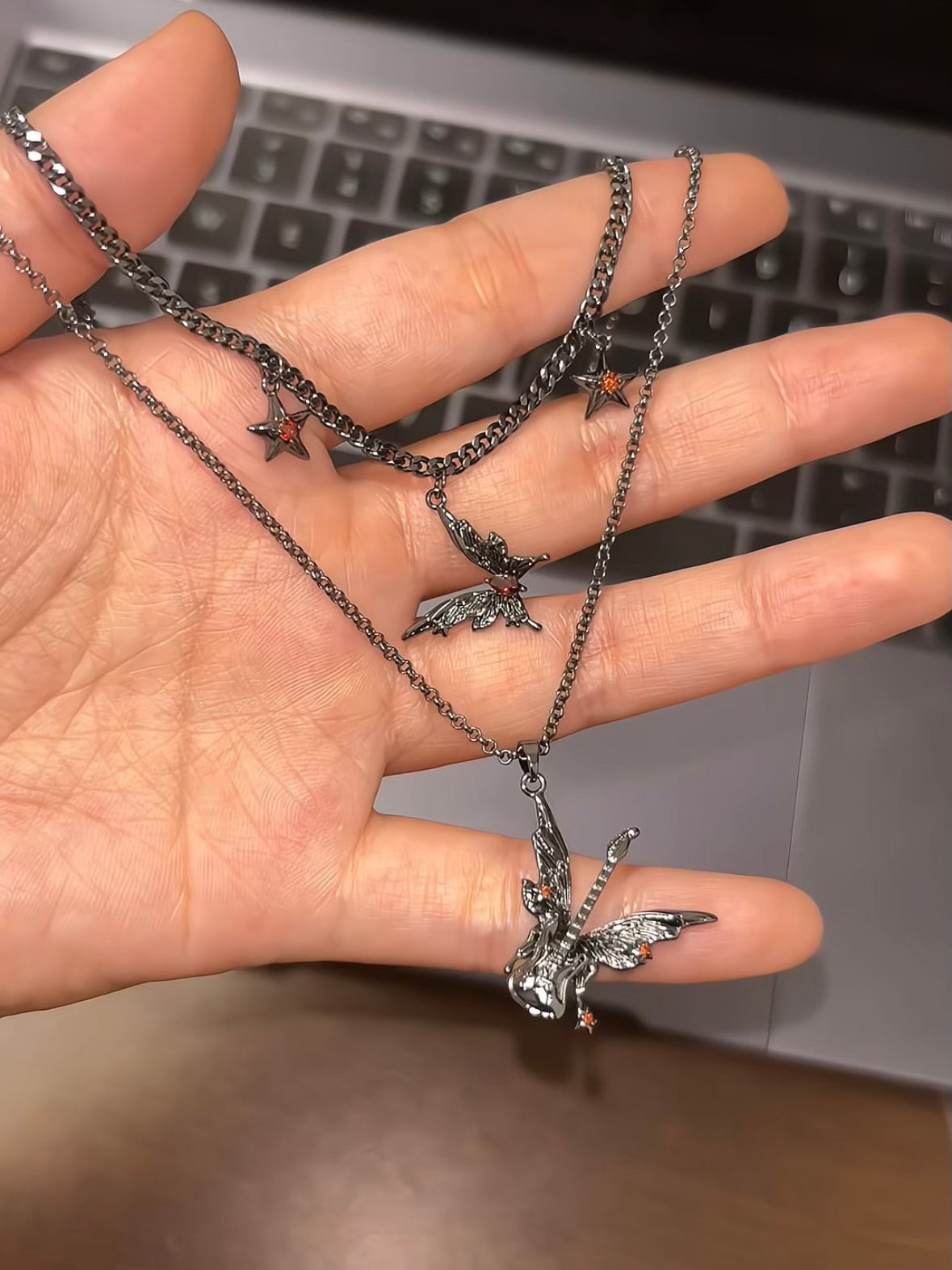 Goth Black Butterfly Guitar Double Layers Necklace