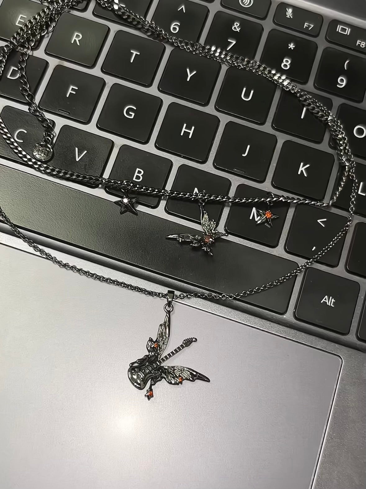 Goth Black Butterfly Guitar Double Layers Necklace