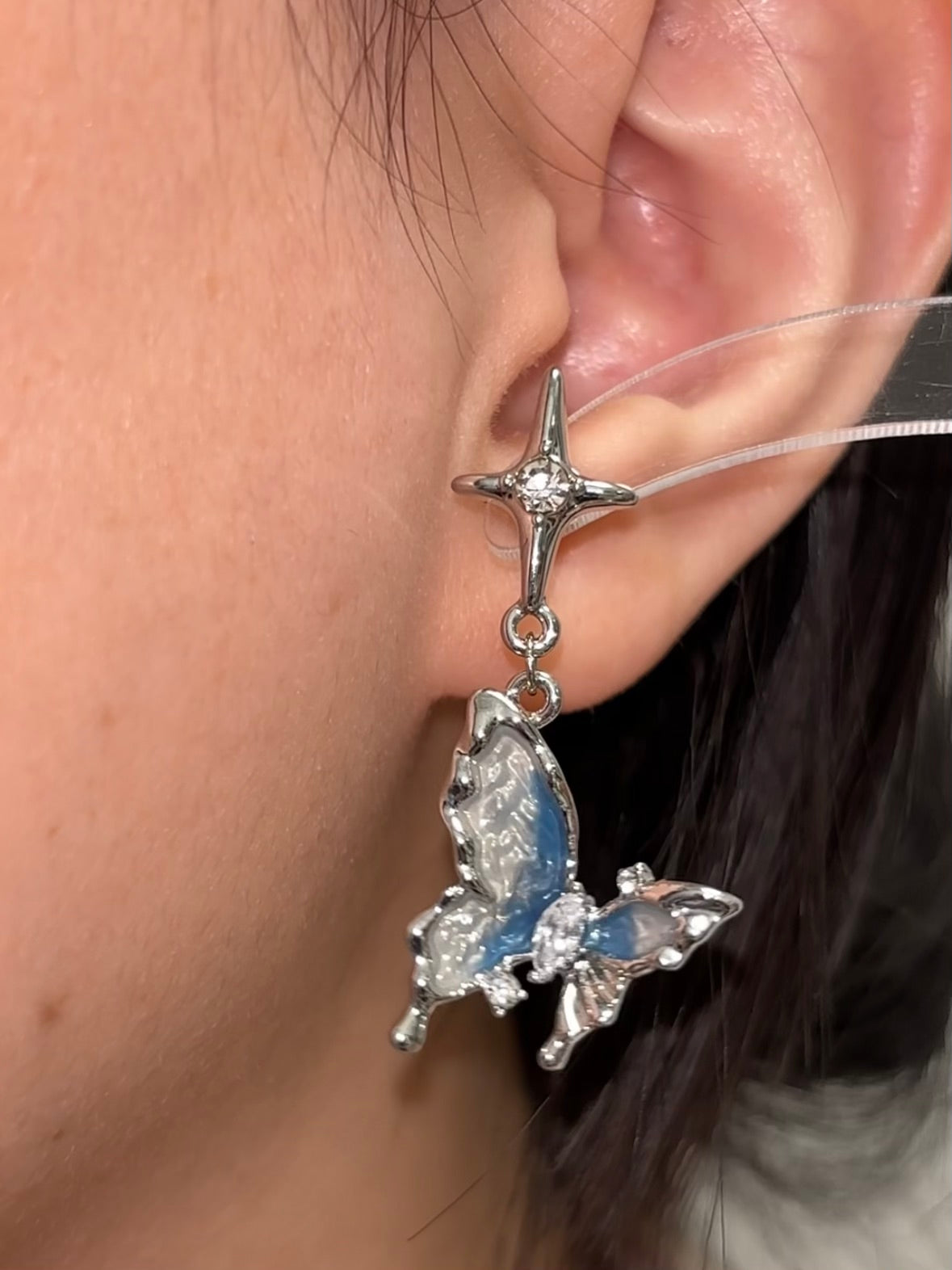 Blue Butterfly Star Asymmetrical Stud Earrings for Yelan