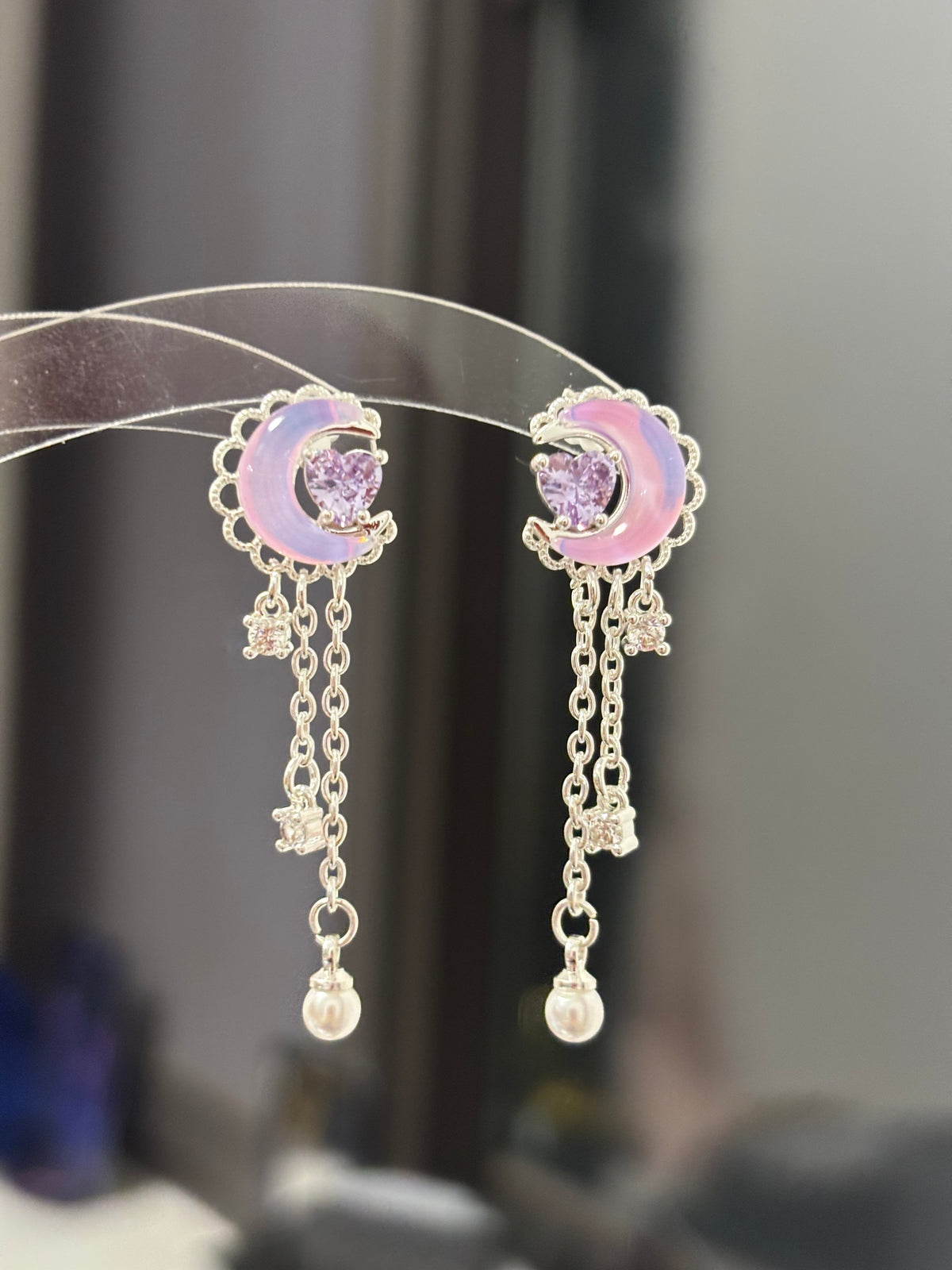 Sweet Purple Moon & Heart Tassel Stud Earring for Columbina