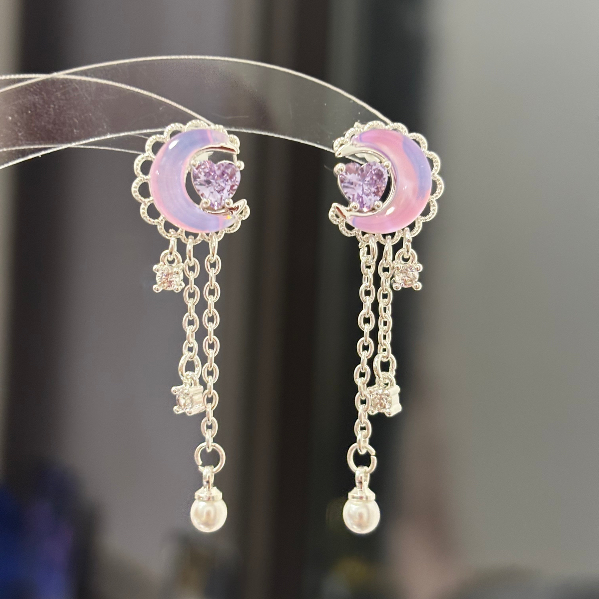 Sweet Purple Moon & Heart Tassel Stud Earring for Columbina