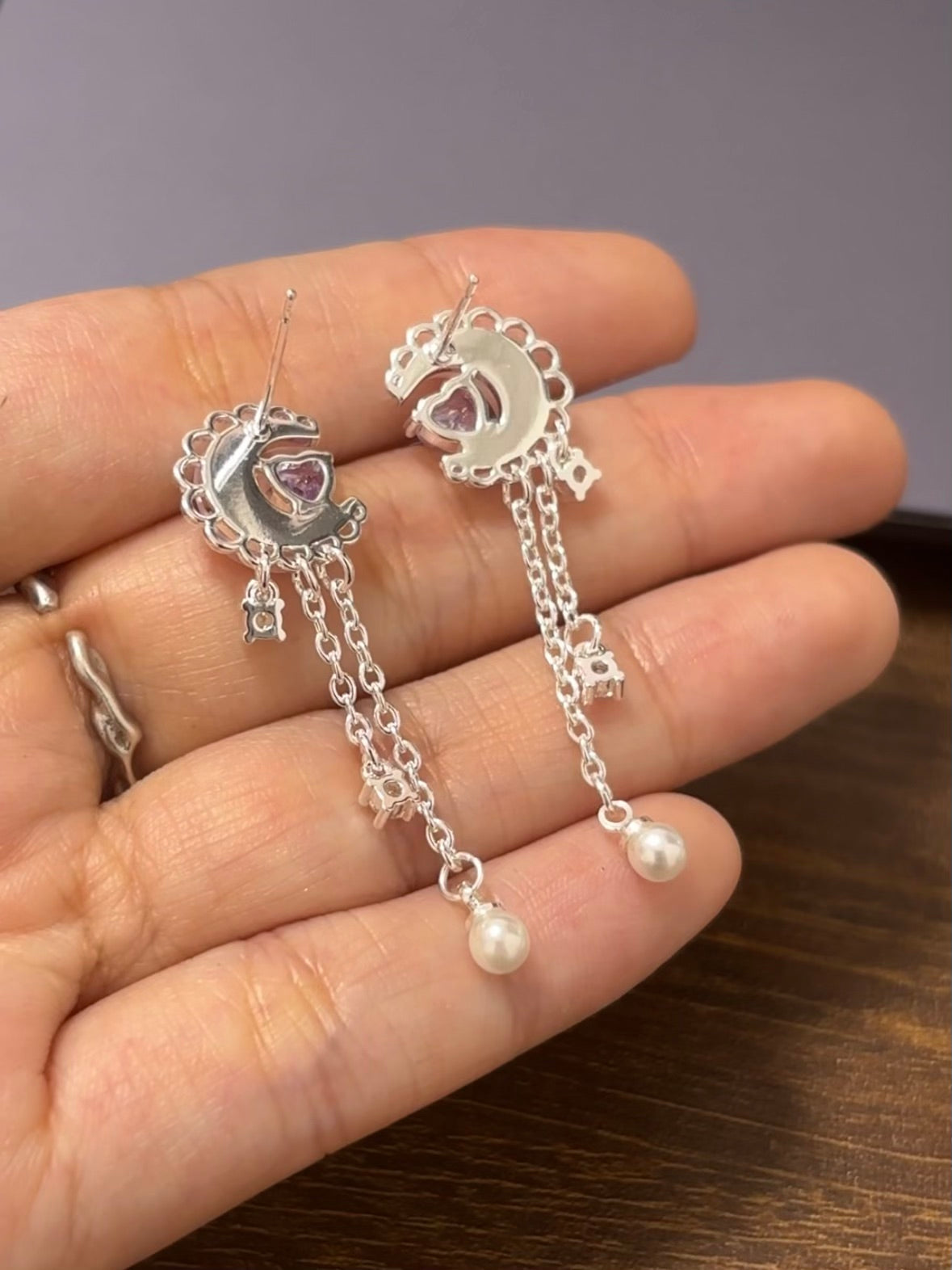 Sweet Purple Moon & Heart Tassel Stud Earring for Columbina