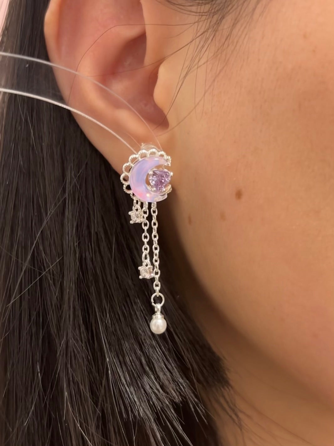 Sweet Purple Moon & Heart Tassel Stud Earring for Columbina