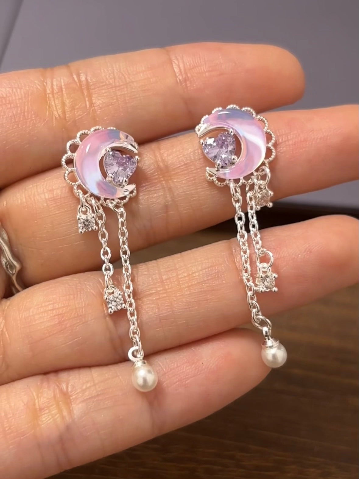Sweet Purple Moon & Heart Tassel Stud Earring for Columbina