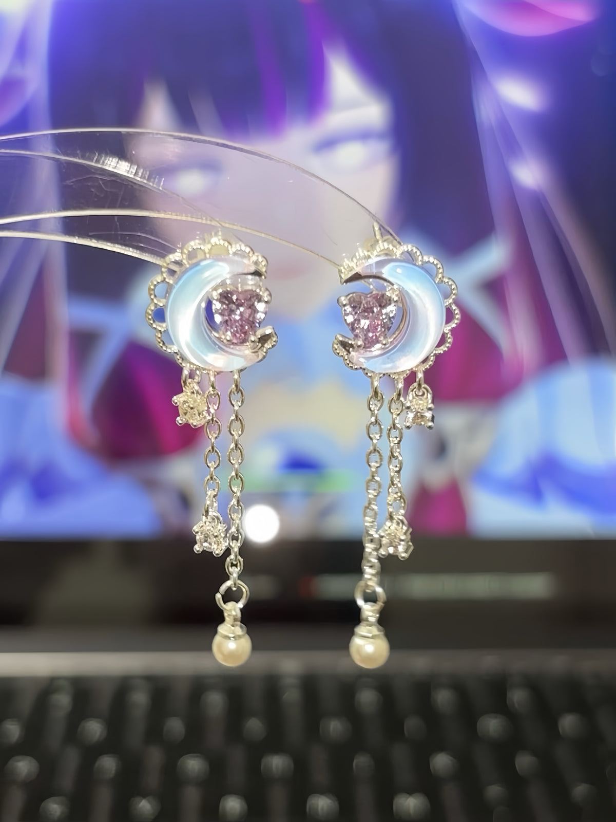 Sweet Purple Moon & Heart Tassel Stud Earring for Columbina