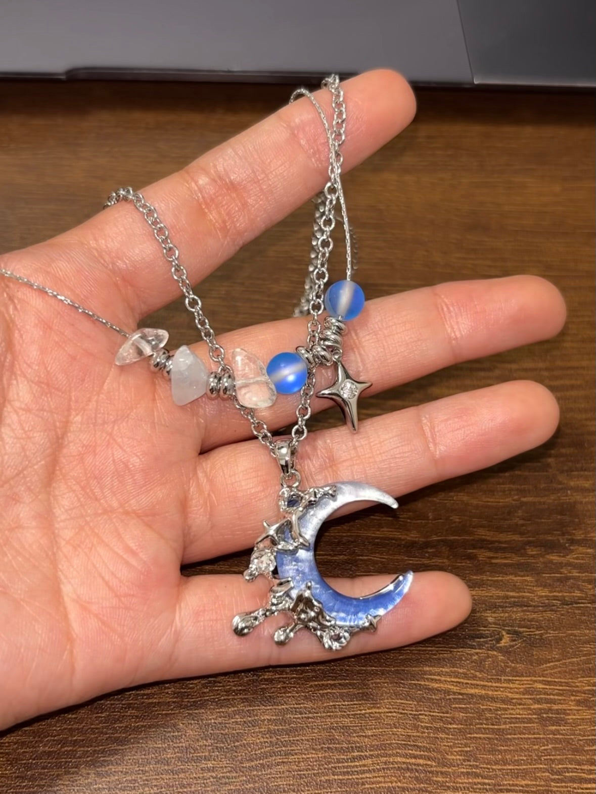 Y2K Blue Moon & Star Double Layer Necklace