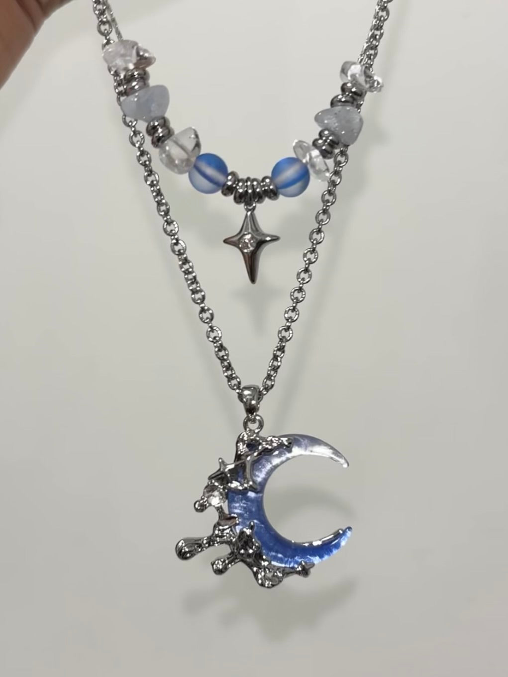 Y2K Blue Moon & Star Double Layer Necklace