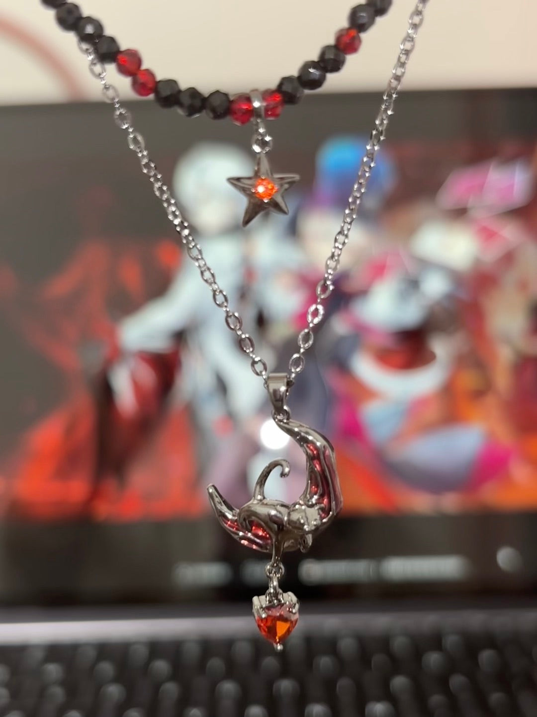 Y2K Goth Black Cat & Red Moon Double Layer Necklace for Arlecchino & Lyney
