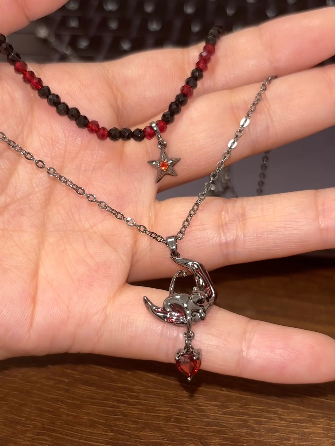 Y2K Goth Black Cat & Red Moon Double Layer Necklace for Arlecchino & Lyney