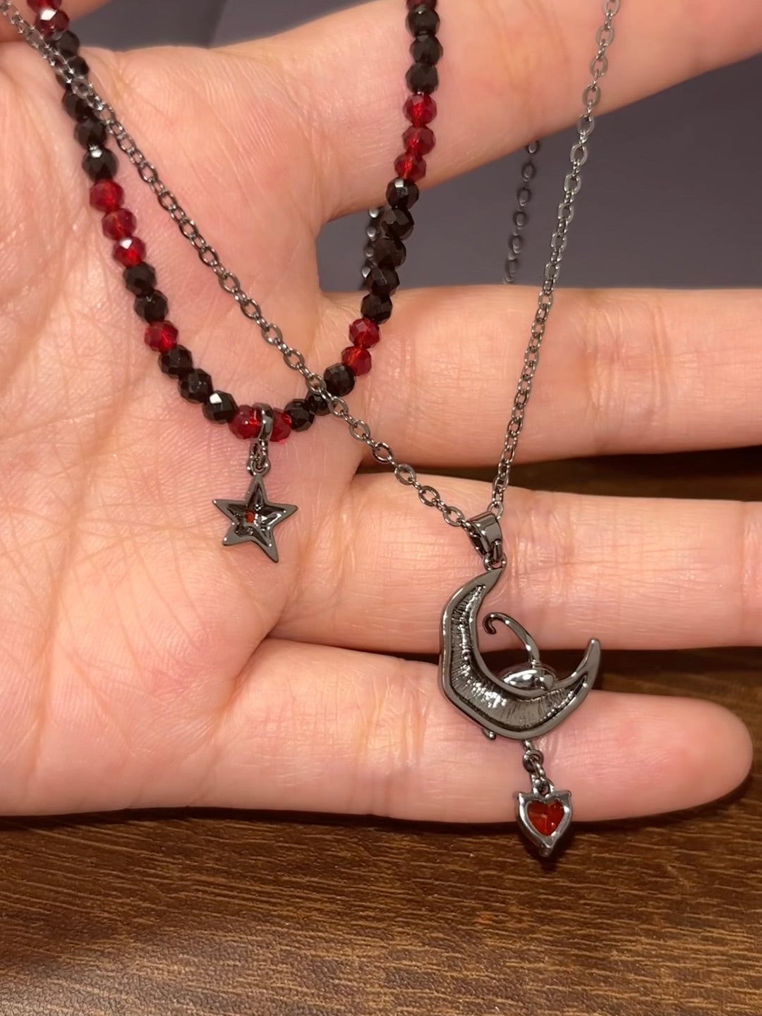 Y2K Goth Black Cat & Red Moon Double Layer Necklace for Arlecchino & Lyney