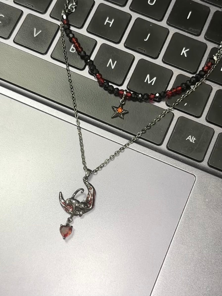 Y2K Goth Black Cat & Red Moon Double Layer Necklace for Arlecchino & Lyney